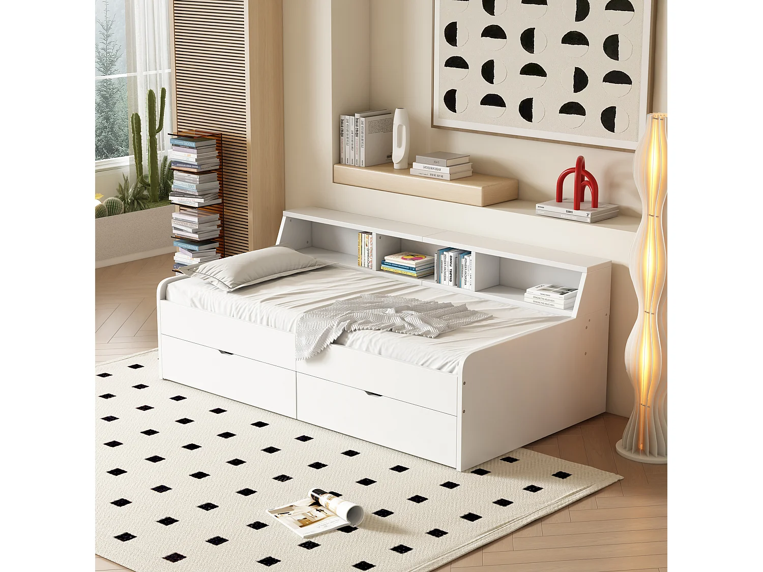 Divano letto 90x200 cm, singolo, due cassetti, vano portaoggetti integrato, design pulito, bianco per bambini.