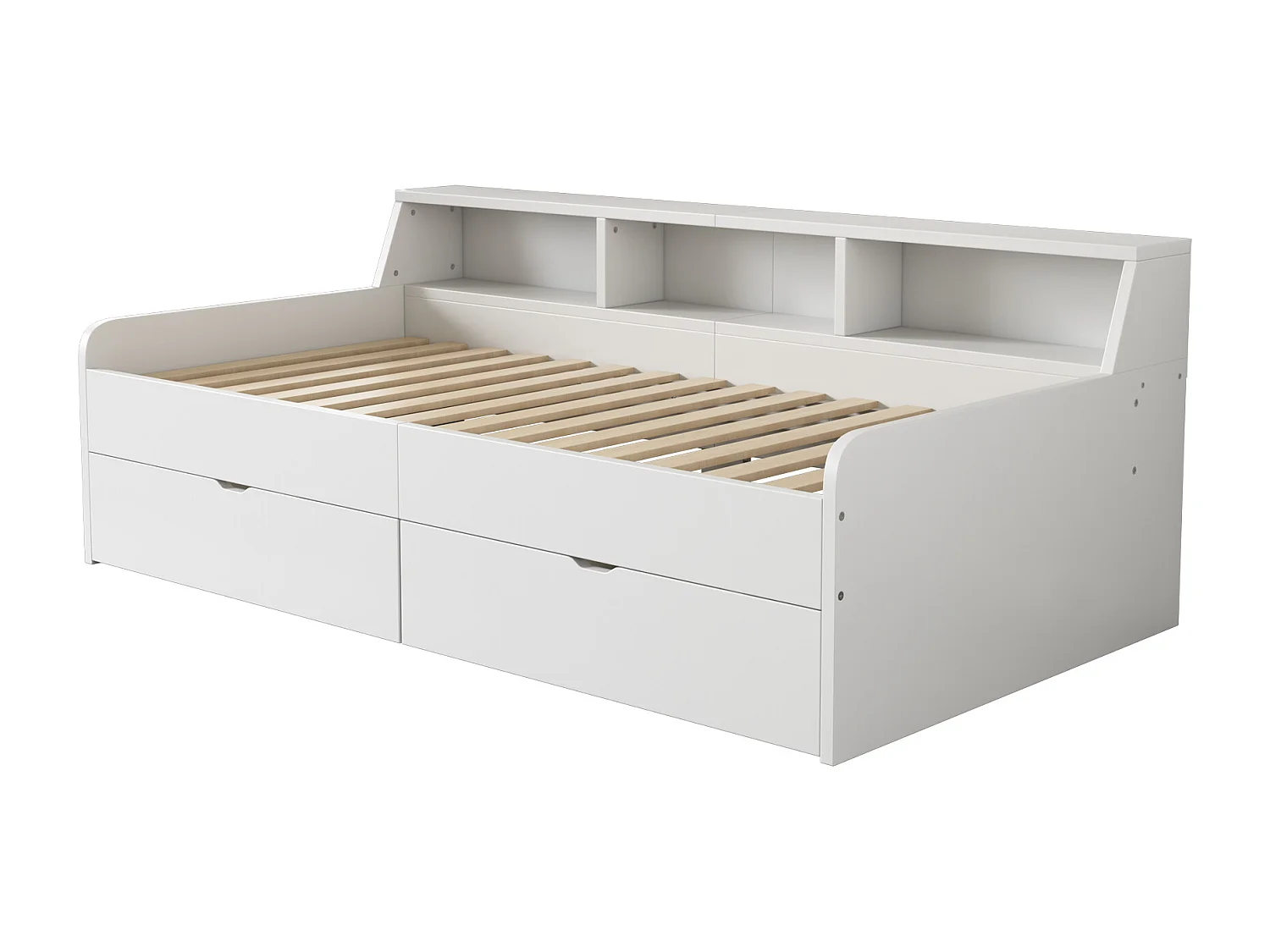 Divano letto 90x200 cm, singolo, due cassetti, vano portaoggetti integrato, design pulito, bianco per bambini.