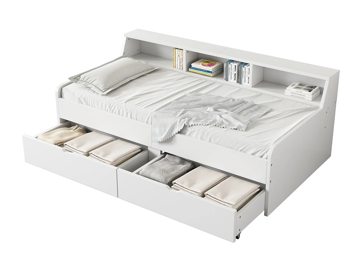 Divano letto 90x200 cm, singolo, due cassetti, vano portaoggetti integrato, design pulito, bianco per bambini.