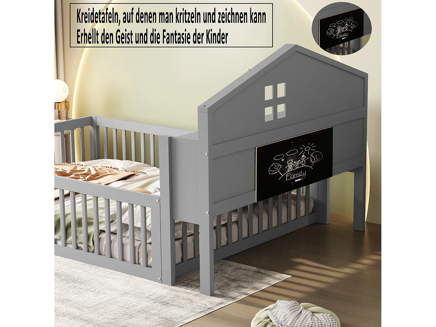 Cama infantil de 140 x 200 cm, estructura de madera maciza, cama-casita con estantes, espacio de almacenaje, barandillas de seguridad, puerta, estantería,gris.