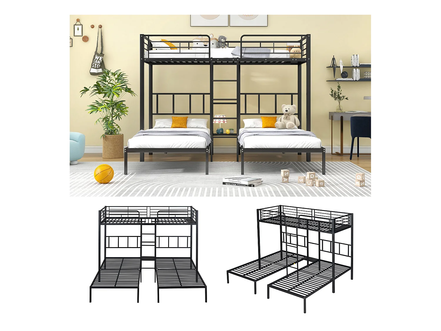 Lit triple 90x200 cm avec échelle, lit superposé avec protection, table intégrée, cadre en métal, design noir, adapté aux enfants et ados