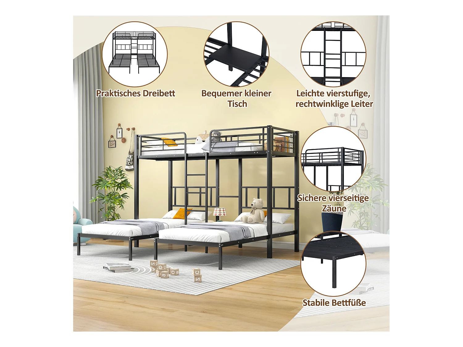 Lit triple 90x200 cm avec échelle, lit superposé avec protection, table intégrée, cadre en métal, design noir, adapté aux enfants et ados