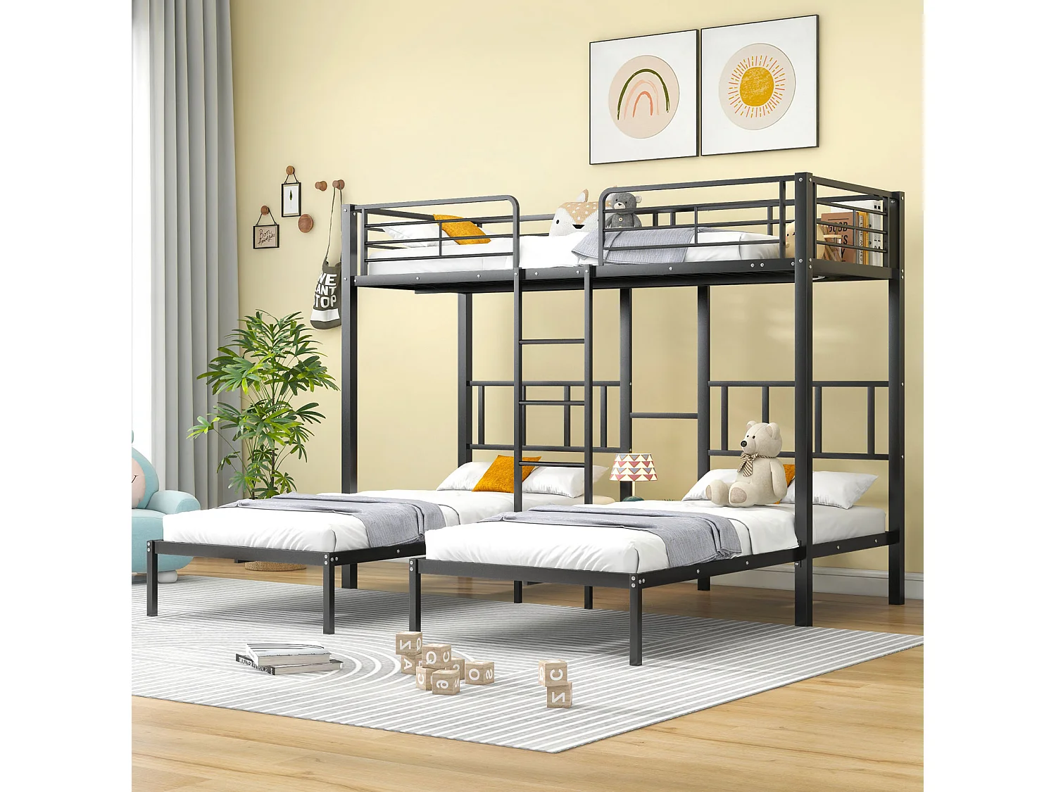 Lit triple 90x200 cm avec échelle, lit superposé avec protection, table intégrée, cadre en métal, design noir, adapté aux enfants et ados