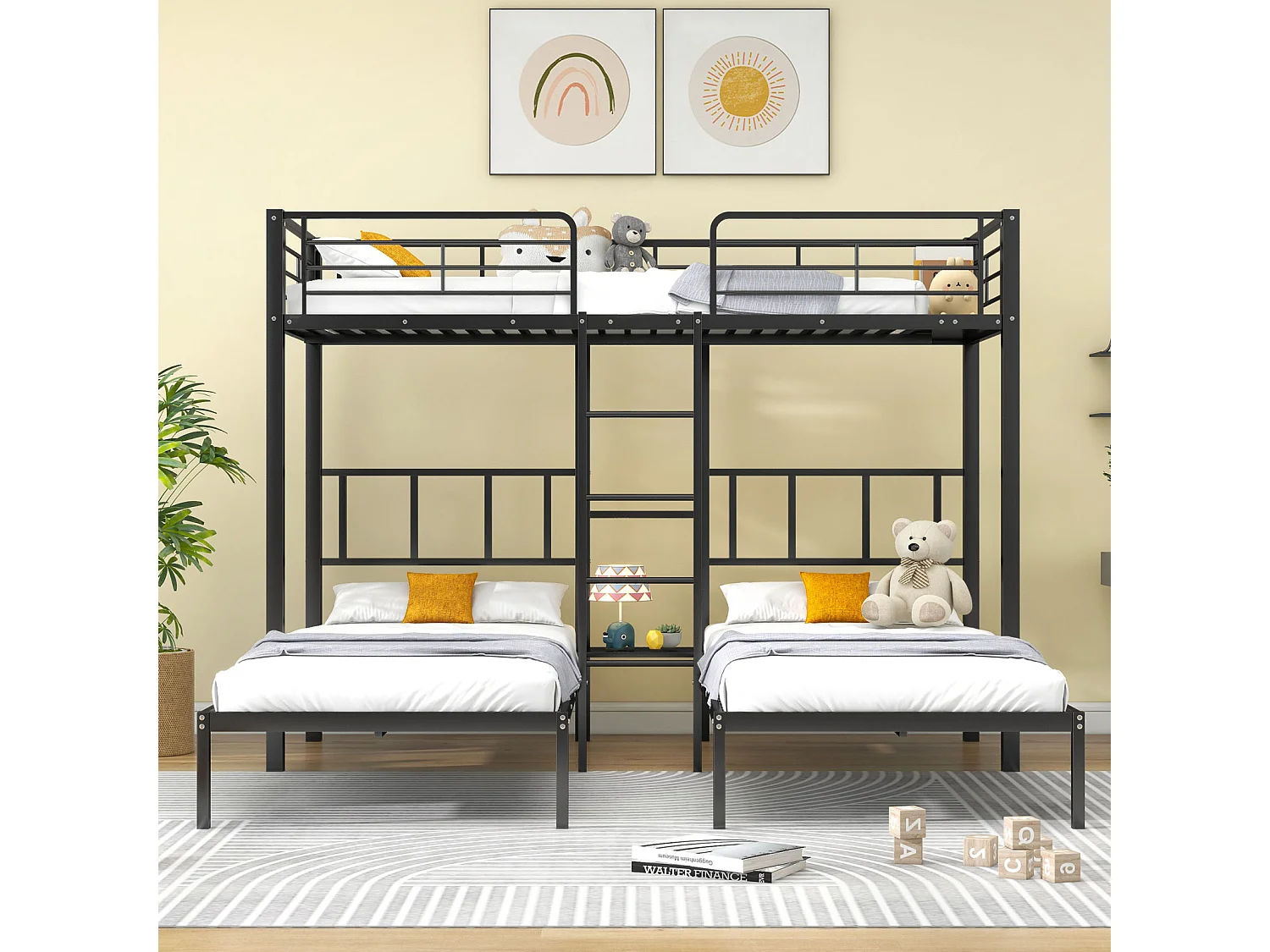 Lit triple 90x200 cm avec échelle, lit superposé avec protection, table intégrée, cadre en métal, design noir, adapté aux enfants et ados