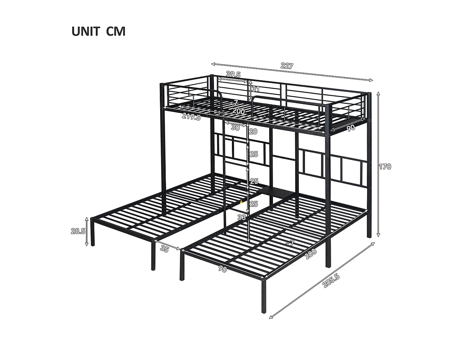 Lit triple 90x200 cm avec échelle, lit superposé avec protection, table intégrée, cadre en métal, design noir, adapté aux enfants et ados