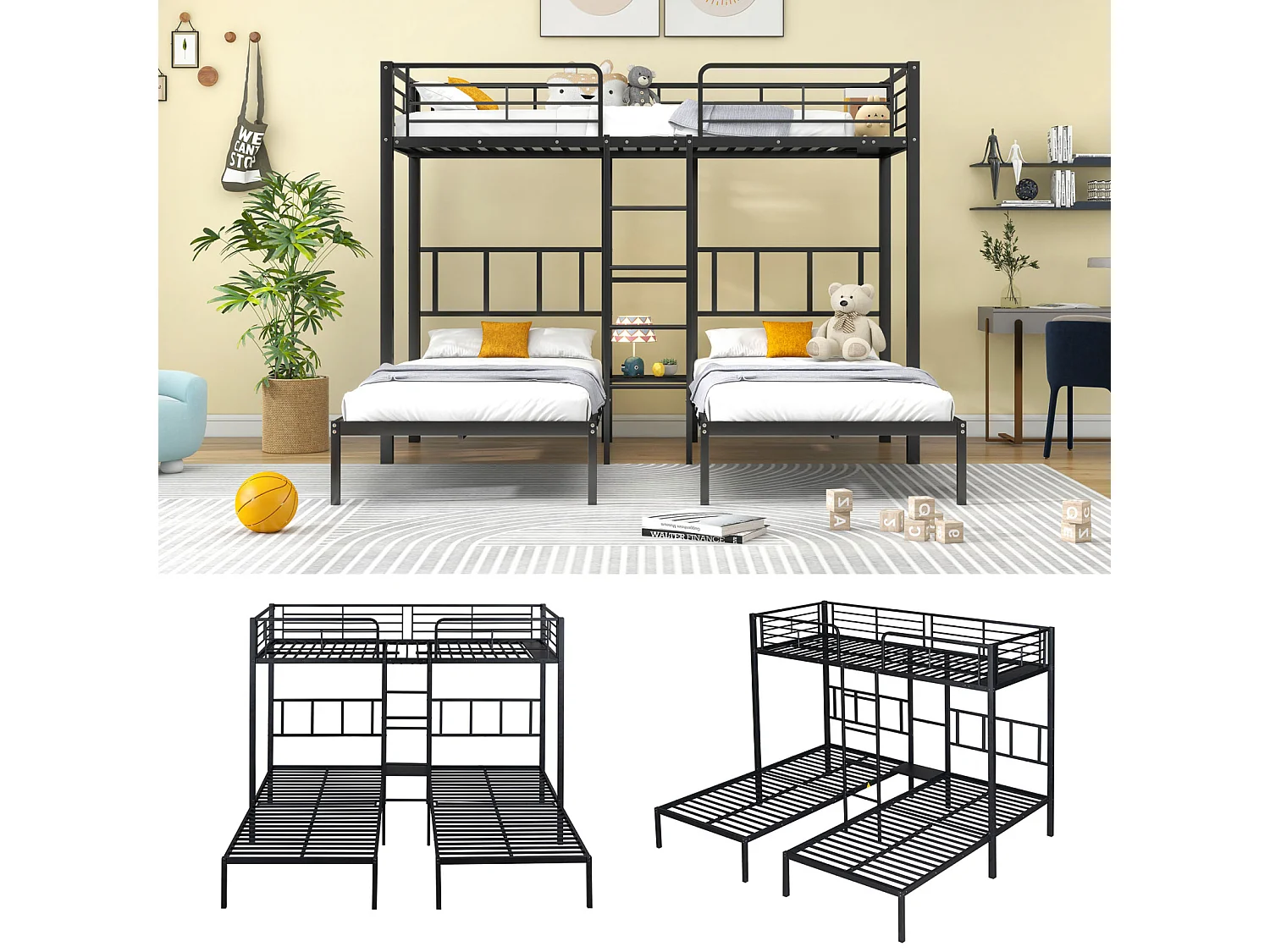 Lit triple 90x200 cm avec échelle, lit superposé avec protection, table intégrée, cadre en métal, design noir, adapté aux enfants et ados