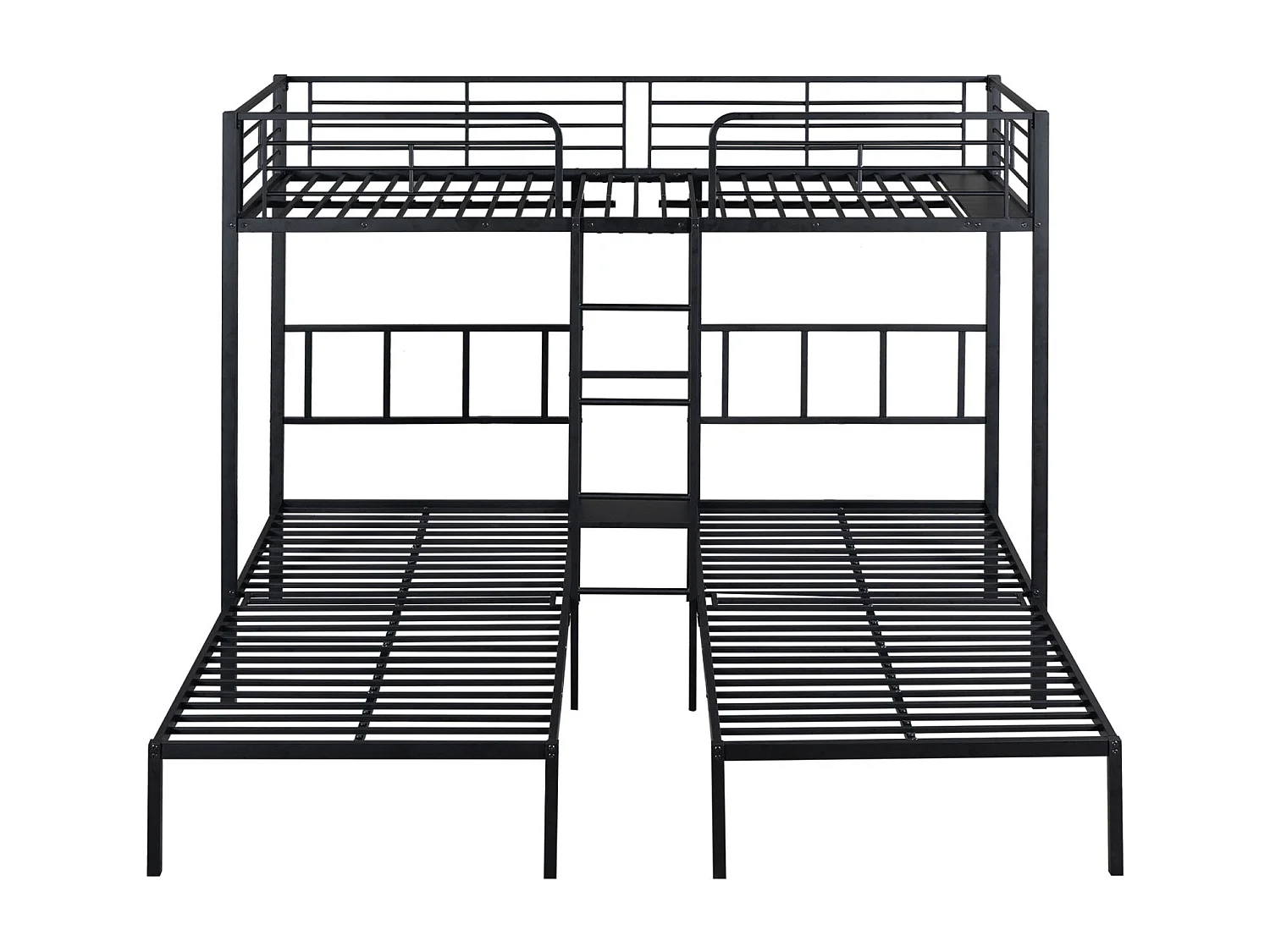 Lit triple 90x200 cm avec échelle, lit superposé avec protection, table intégrée, cadre en métal, design noir, adapté aux enfants et ados
