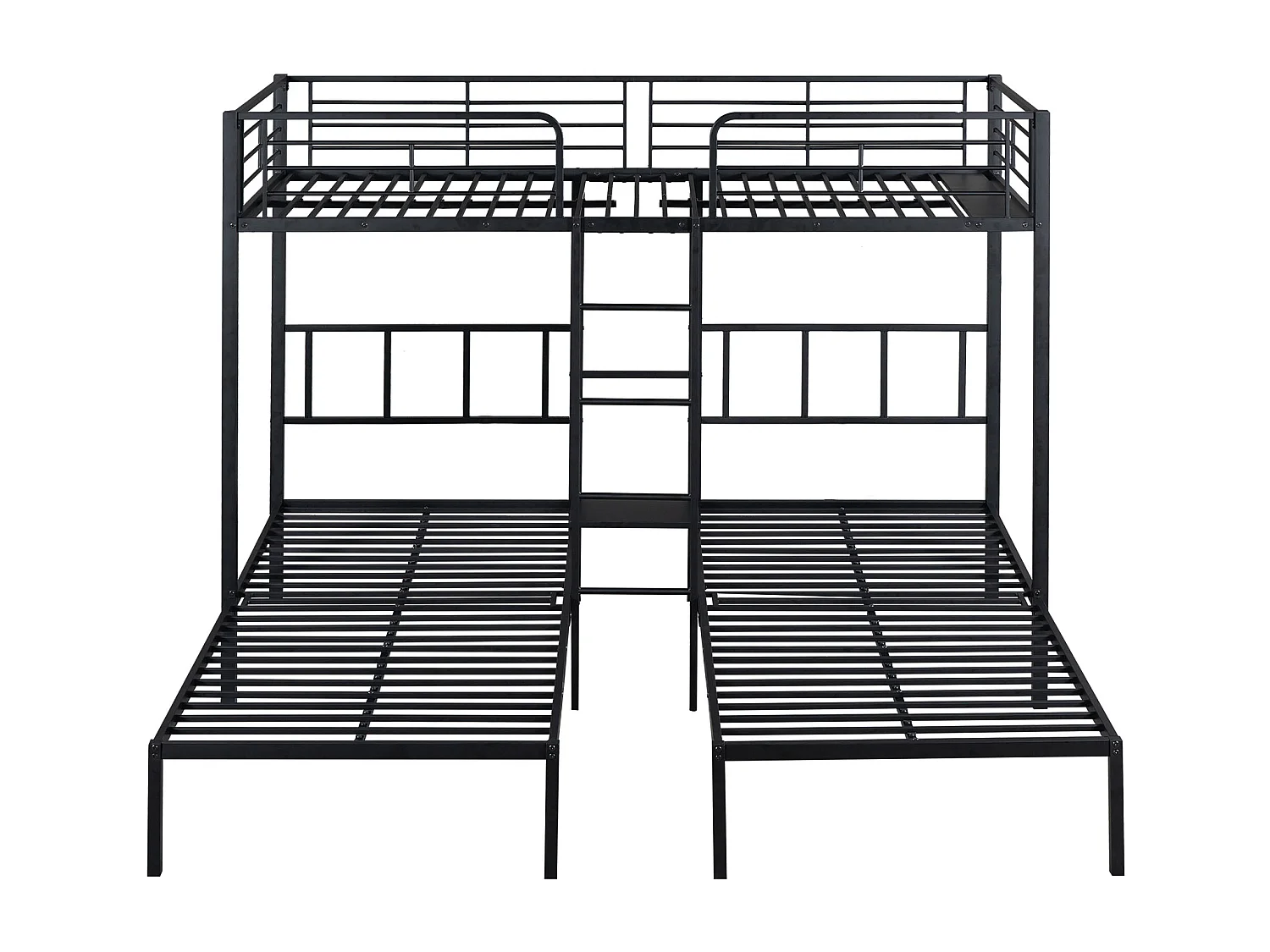 Lit triple 90x200 cm avec échelle, lit superposé avec protection, table intégrée, cadre en métal, design noir, adapté aux enfants et ados