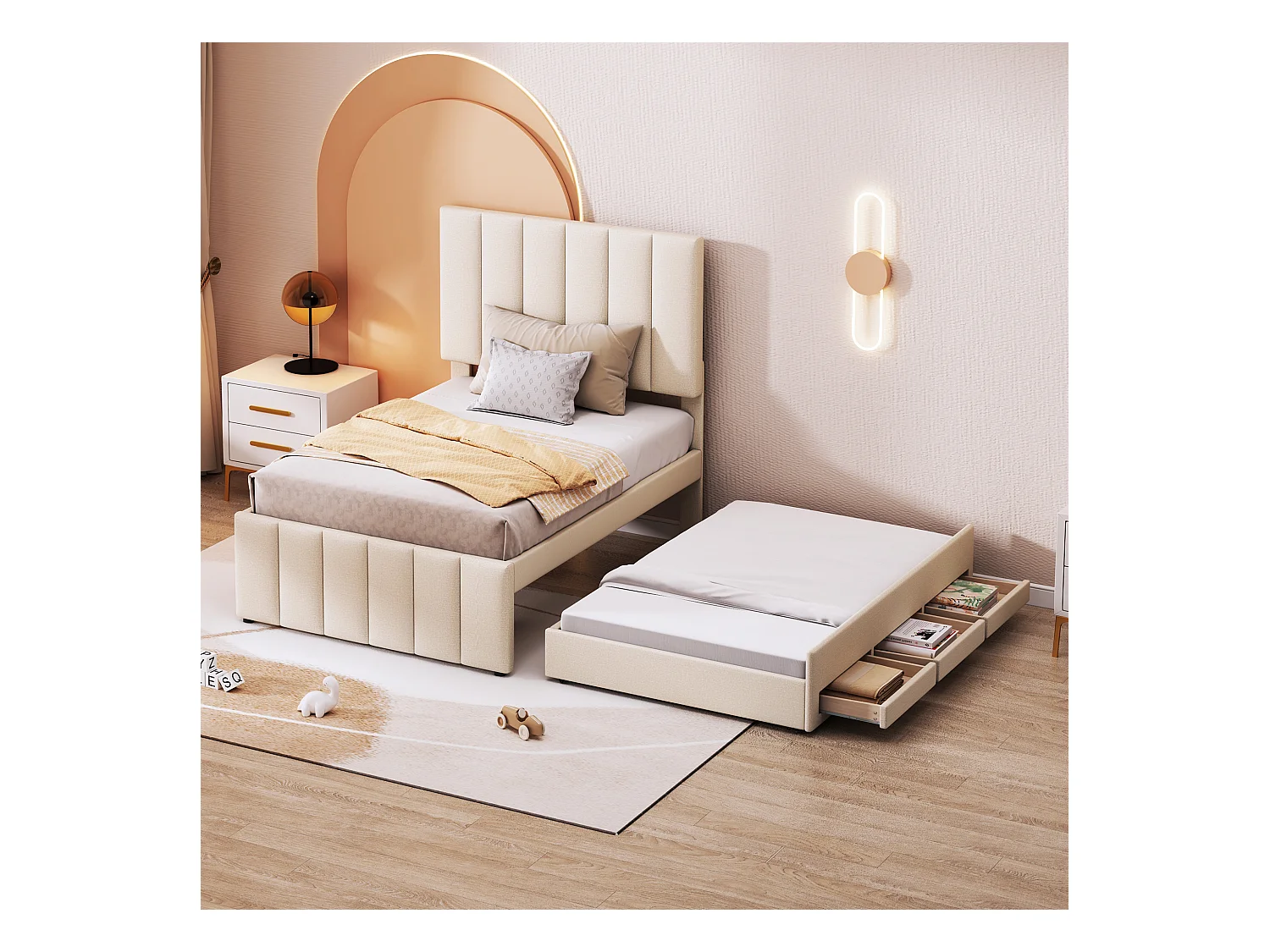 Einzelbett 90x200 cm mit Ausziehbett und Schubladen, beiger Leinenbezug, bequem, ideal für Kinder, Jugendliche oder als Beistellbett, inklusive Lattenrost