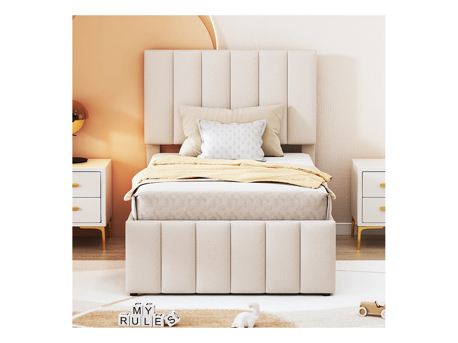 Einzelbett 90x200 cm mit Ausziehbett und Schubladen, beiger Leinenbezug, bequem, ideal für Kinder, Jugendliche oder als Beistellbett, inklusive Lattenrost