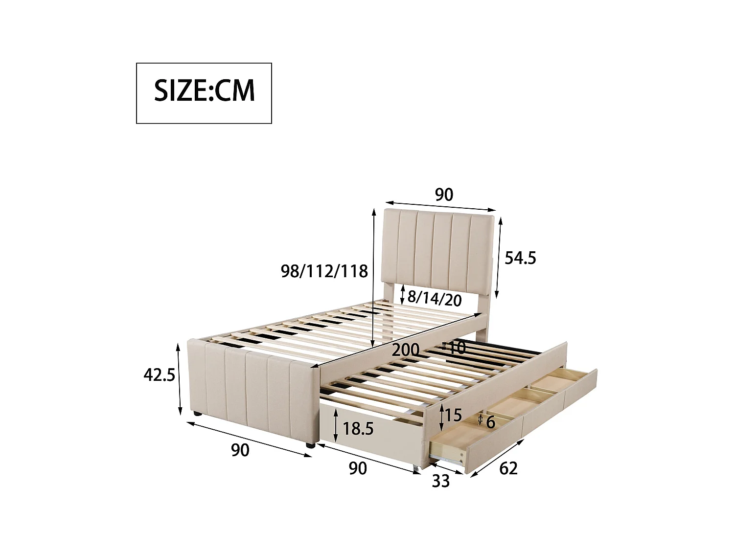 Einzelbett 90x200 cm mit Ausziehbett und Schubladen, beiger Leinenbezug, bequem, ideal für Kinder, Jugendliche oder als Beistellbett, inklusive Lattenrost