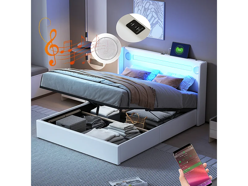 Letto imbottito 140x200 cm con striscia LED, lettore Bluetooth e caricabatterie USB, letto con contenitore in PU, struttura in metallo, rete a doghe inclusa, bianco