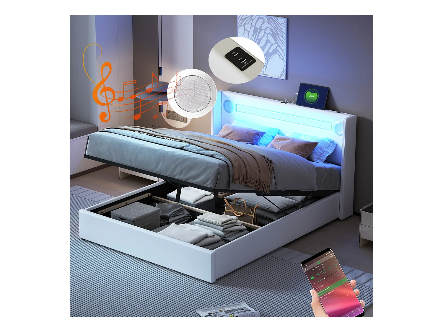 Letto imbottito 140x200 cm con striscia LED, lettore Bluetooth e caricabatterie USB, letto con contenitore in PU, struttura in metallo, rete a doghe inclusa, bianco