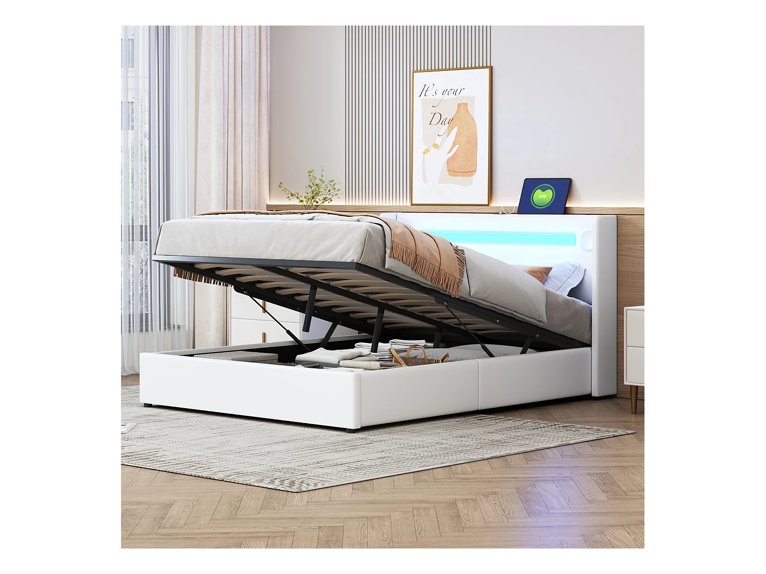 Letto imbottito 140x200 cm con striscia LED, lettore Bluetooth e caricabatterie USB, letto con contenitore in PU, struttura in metallo, rete a doghe inclusa, bianco