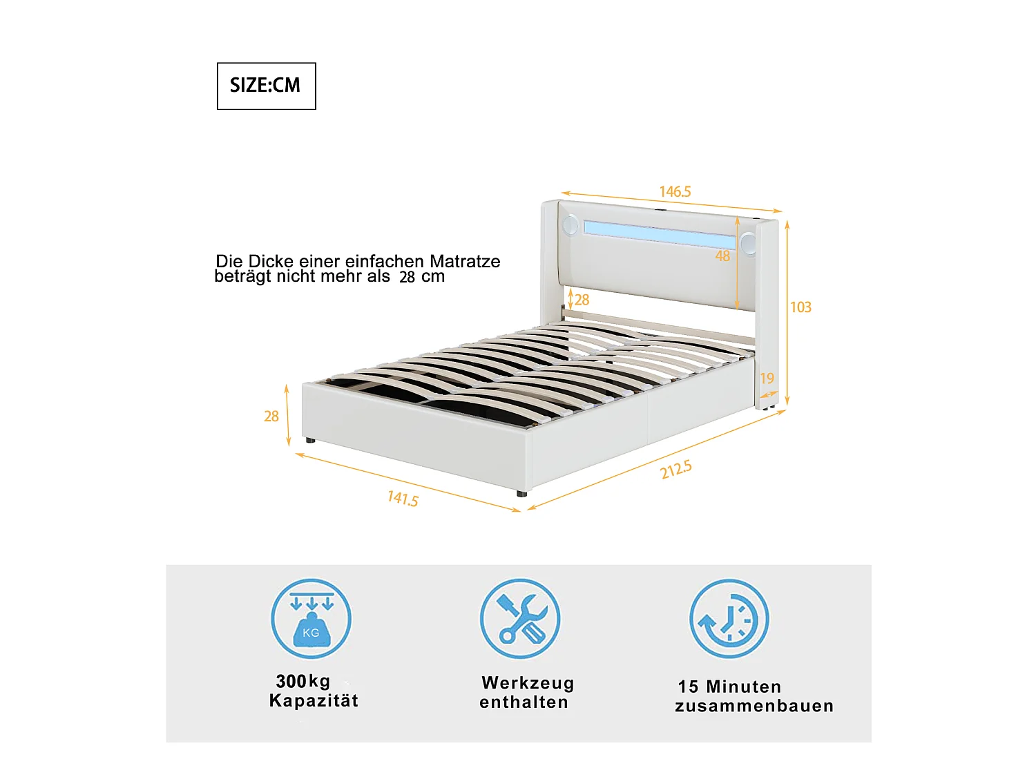 Letto imbottito 140x200 cm con striscia LED, lettore Bluetooth e caricabatterie USB, letto con contenitore in PU, struttura in metallo, rete a doghe inclusa, bianco