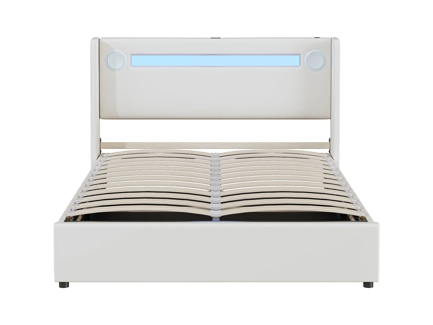 Letto imbottito 140x200 cm con striscia LED, lettore Bluetooth e caricabatterie USB, letto con contenitore in PU, struttura in metallo, rete a doghe inclusa, bianco