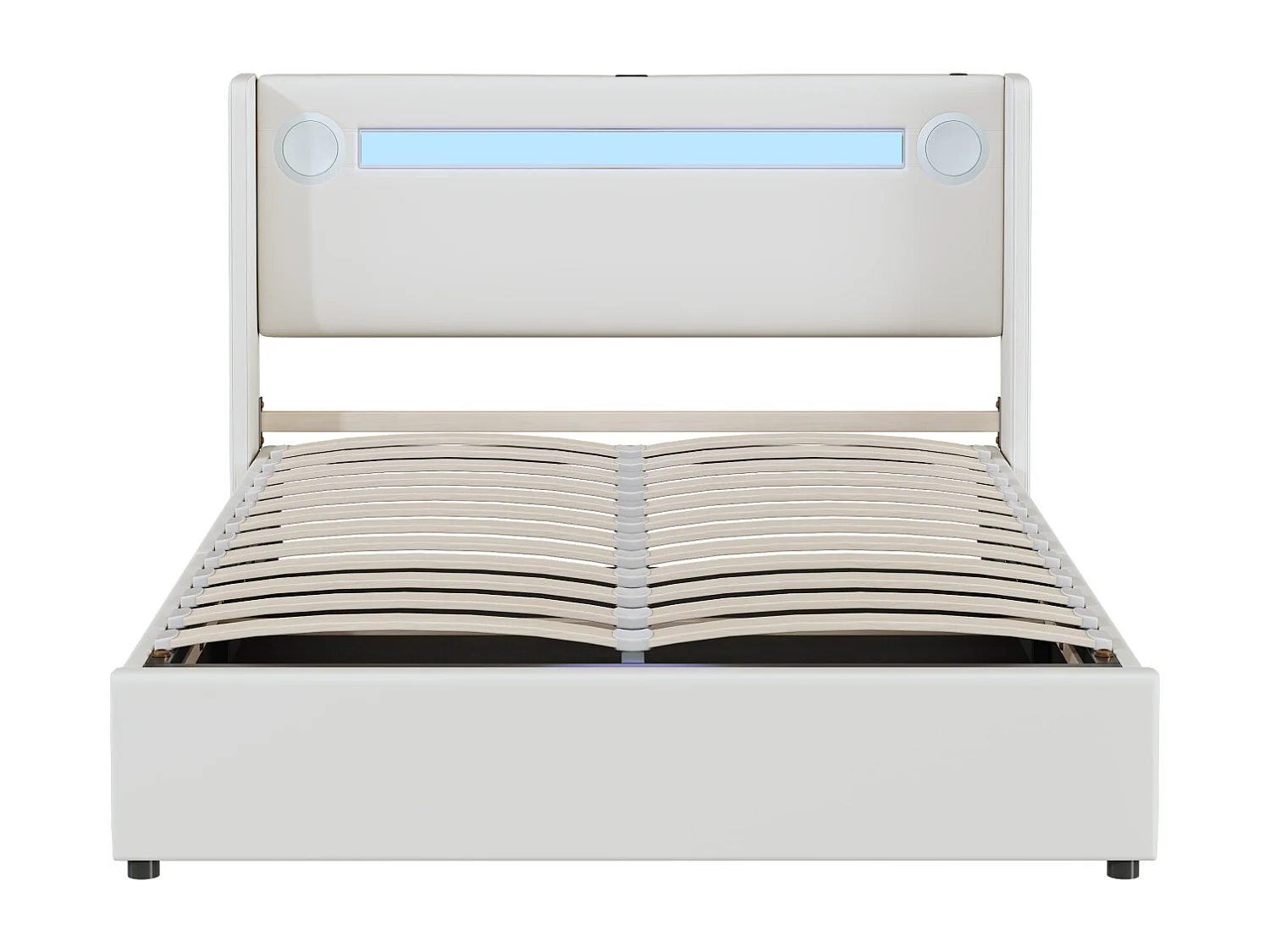 Lit rembourré 140x200 cm avec bande LED, lecteur Bluetooth et chargeur USB, lit avec coffre de rangement en PU, cadre en métal, sommier inclus, blanc