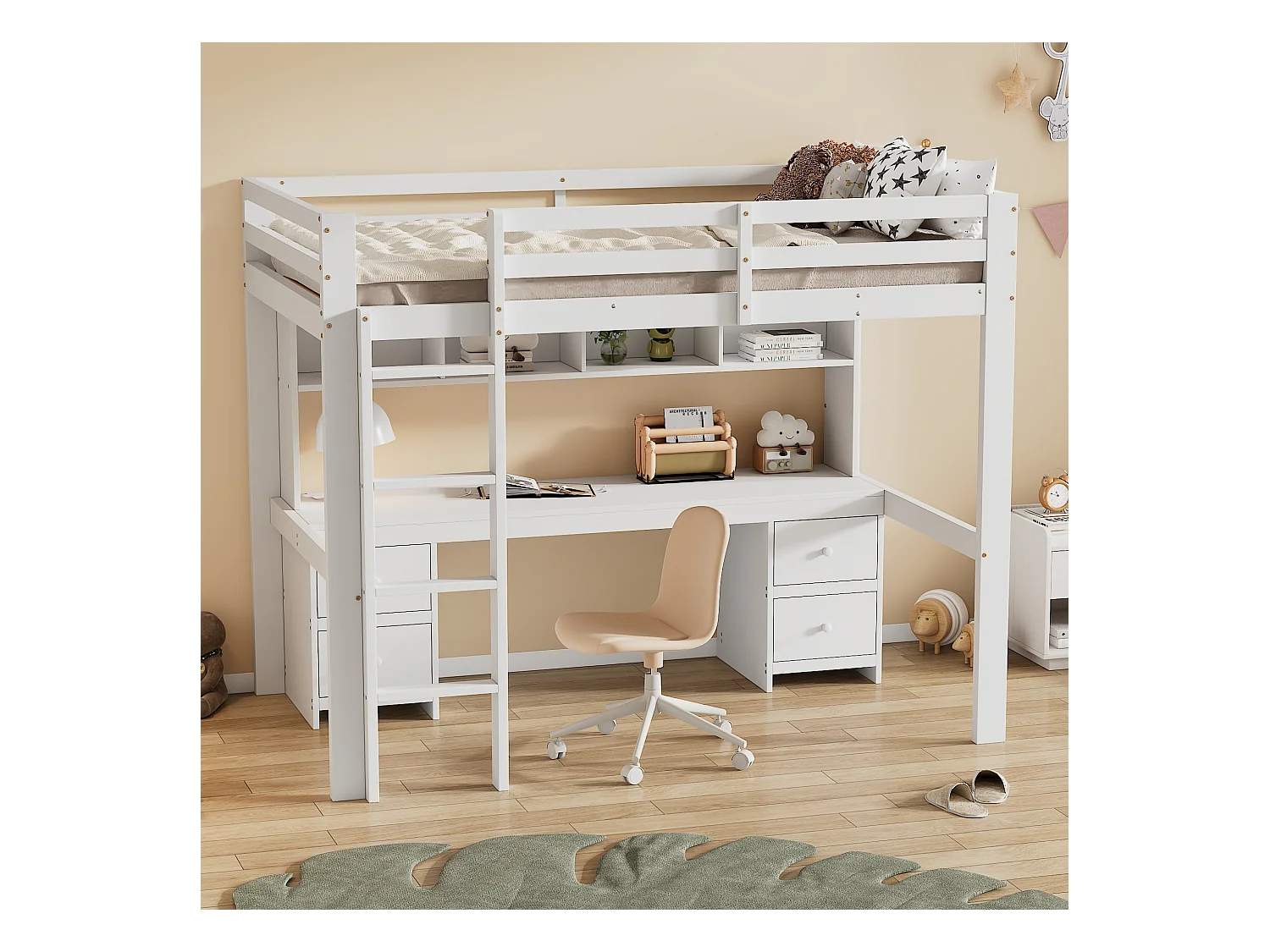 Letto a soppalco per bambini 90x200 cm, spazio di lavoro sottostante, ampio spazio di archiviazione, scala stabile, spondina alta, robusta struttura bianca