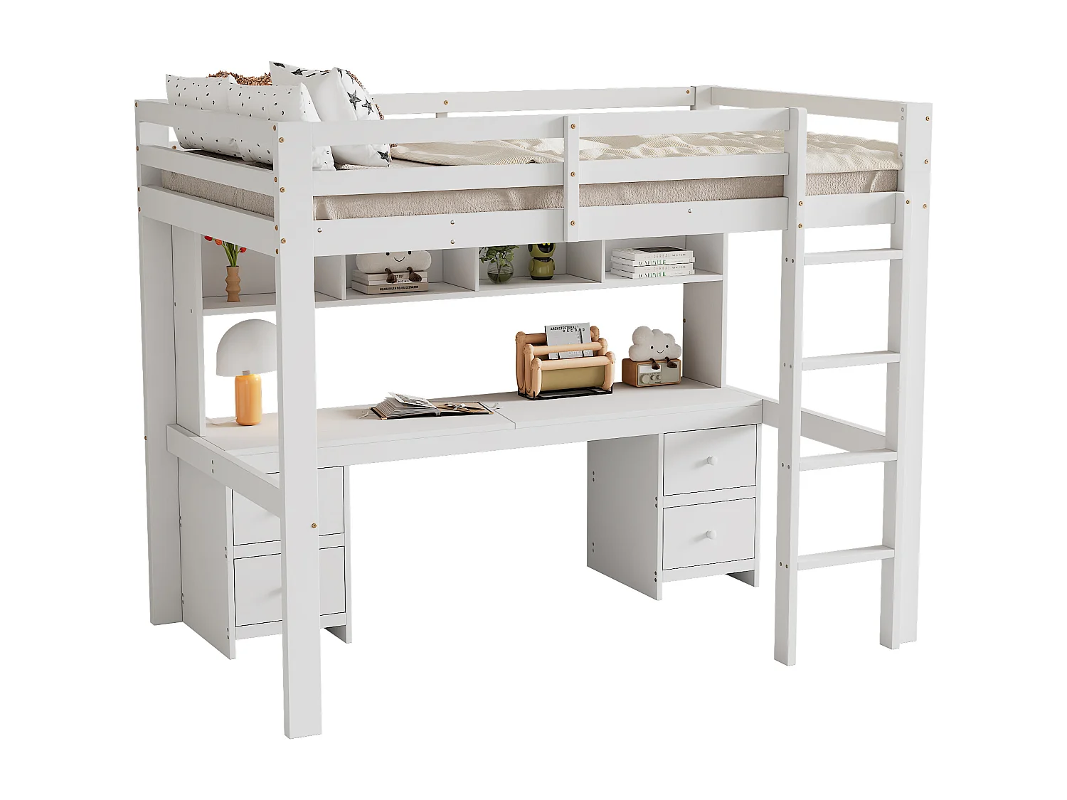 Letto a soppalco per bambini 90x200 cm, spazio di lavoro sottostante, ampio spazio di archiviazione, scala stabile, spondina alta, robusta struttura bianca