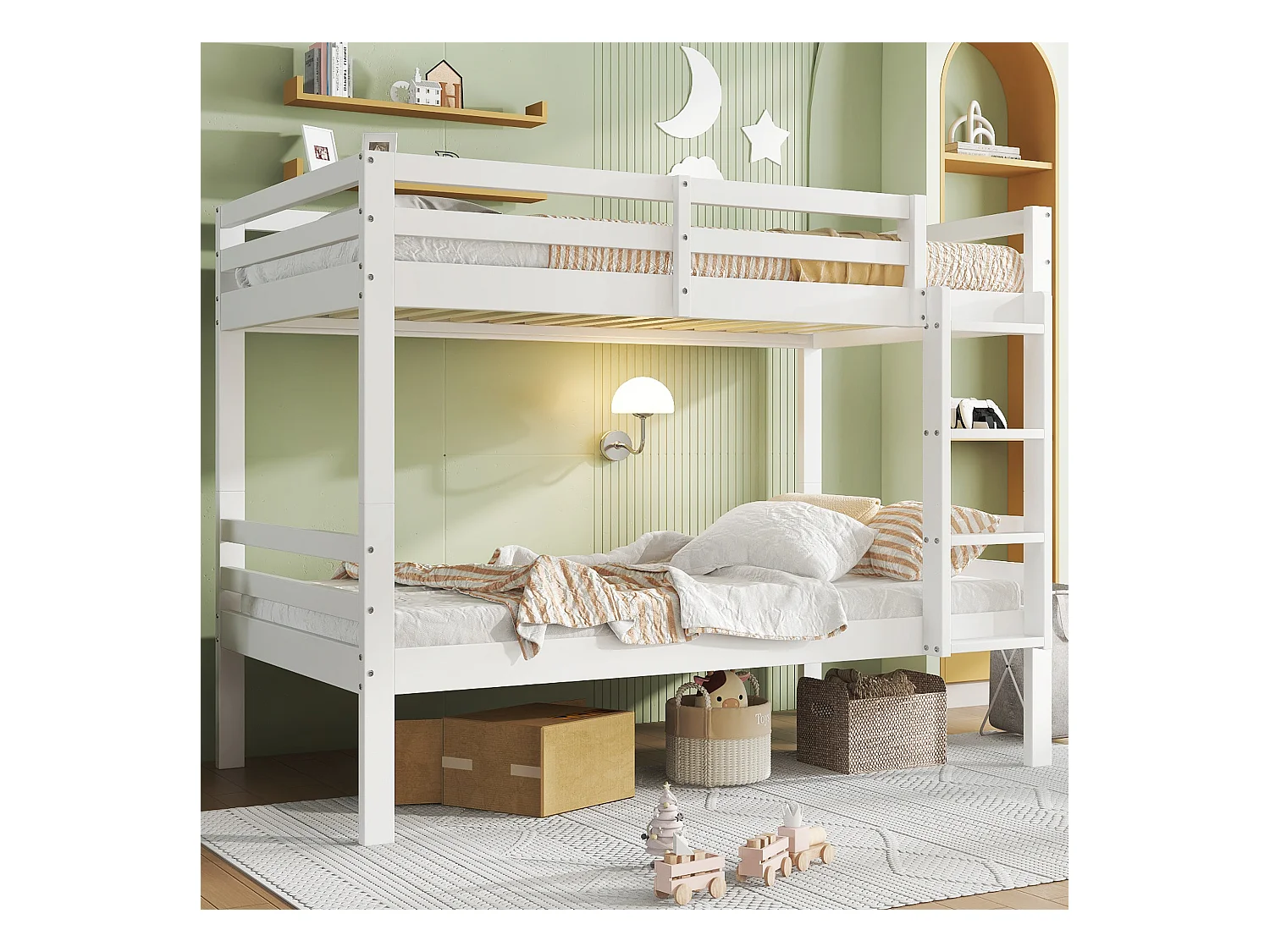 Lit superposé enfants, avec échelle angulaire, protection anti-chutes, 2 lits simples, cadre pin, blanc.