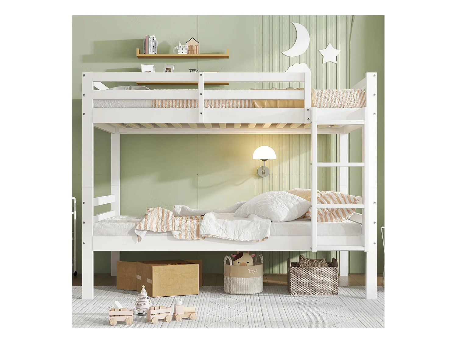 Lit superposé enfants, avec échelle angulaire, protection anti-chutes, 2 lits simples, cadre pin, blanc.