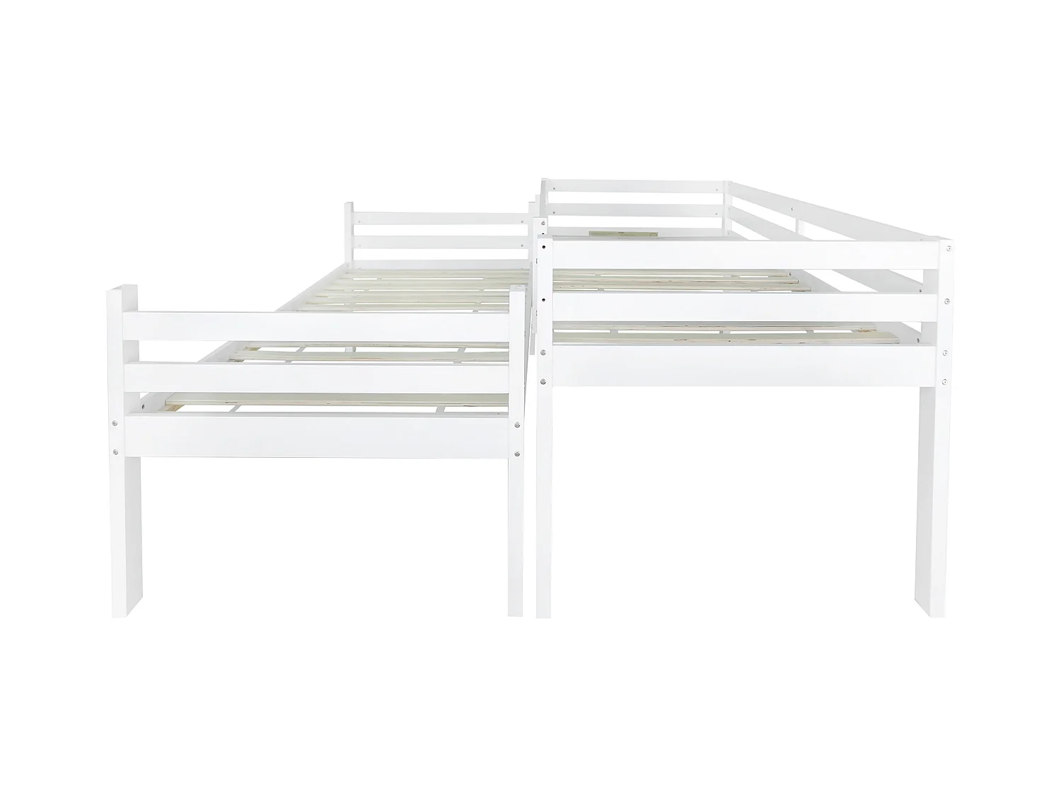 Lit superposé enfants, avec échelle angulaire, protection anti-chutes, 2 lits simples, cadre pin, blanc.