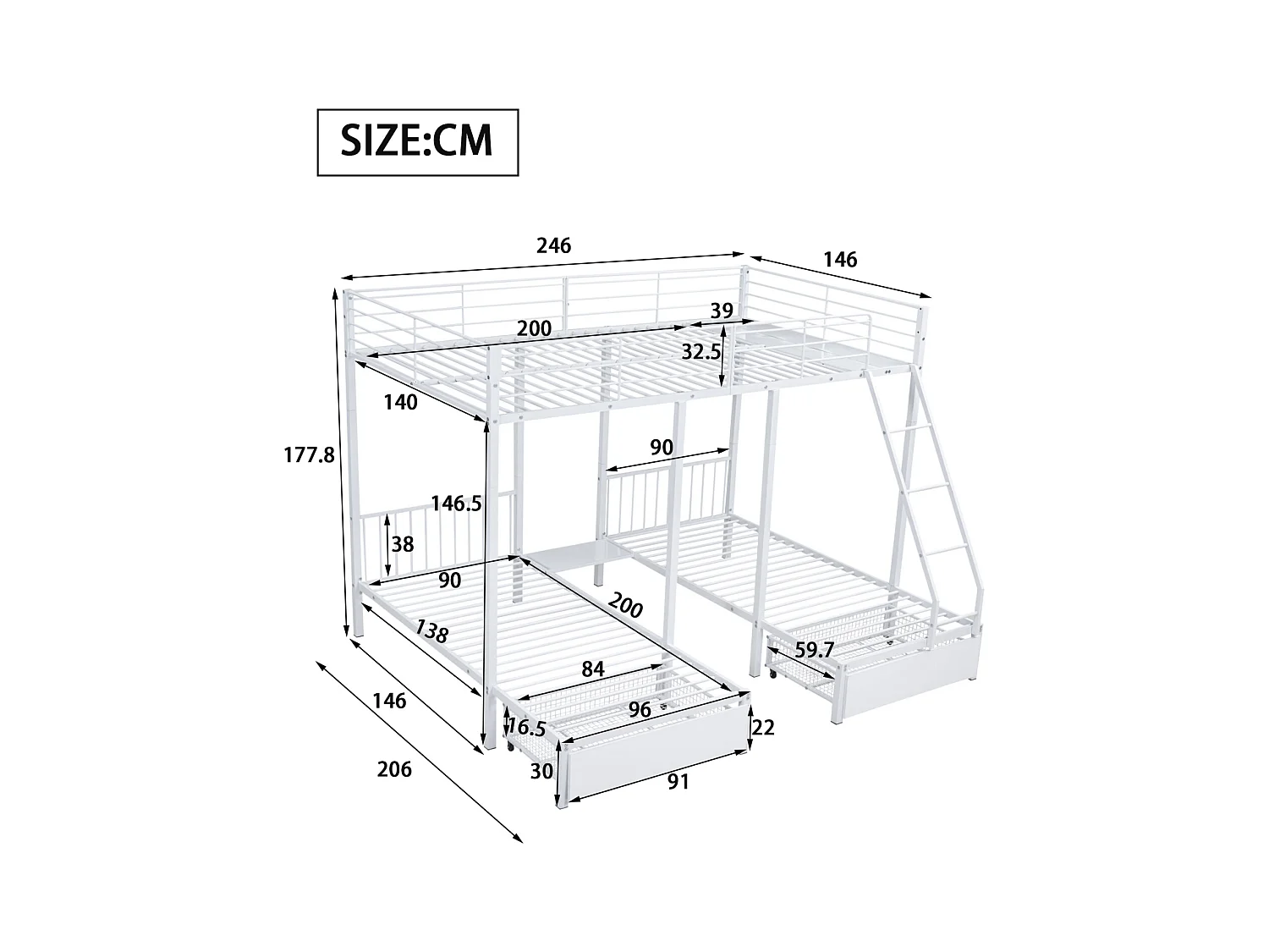 Lit superposé triple avec tiroirs, cadre métallique, convertible en lit double 140x200 cm et deux lits simples 90x200 cm, lit multifonction, blanc