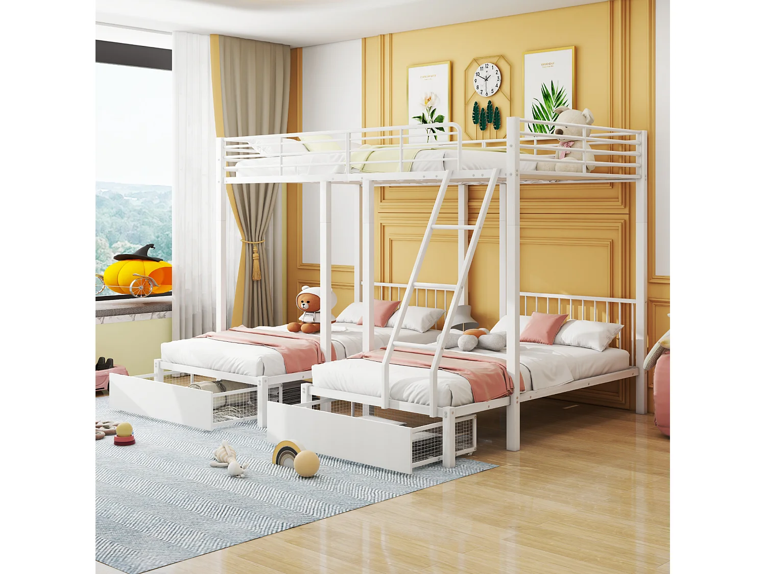 Letto a castello triplo con cassetti, struttura in metallo, trasformabile in un letto matrimoniale 140x200 cm e due letti singoli 90x200 cm, bianco