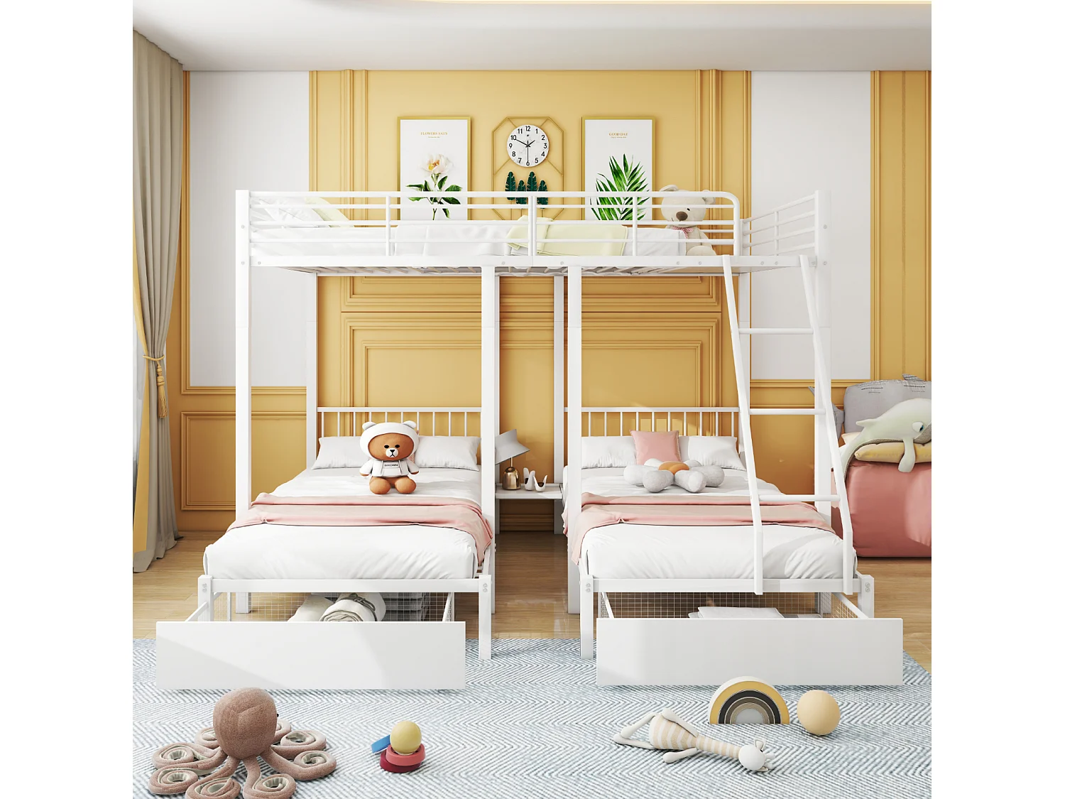 Letto a castello triplo con cassetti, struttura in metallo, trasformabile in un letto matrimoniale 140x200 cm e due letti singoli 90x200 cm, bianco