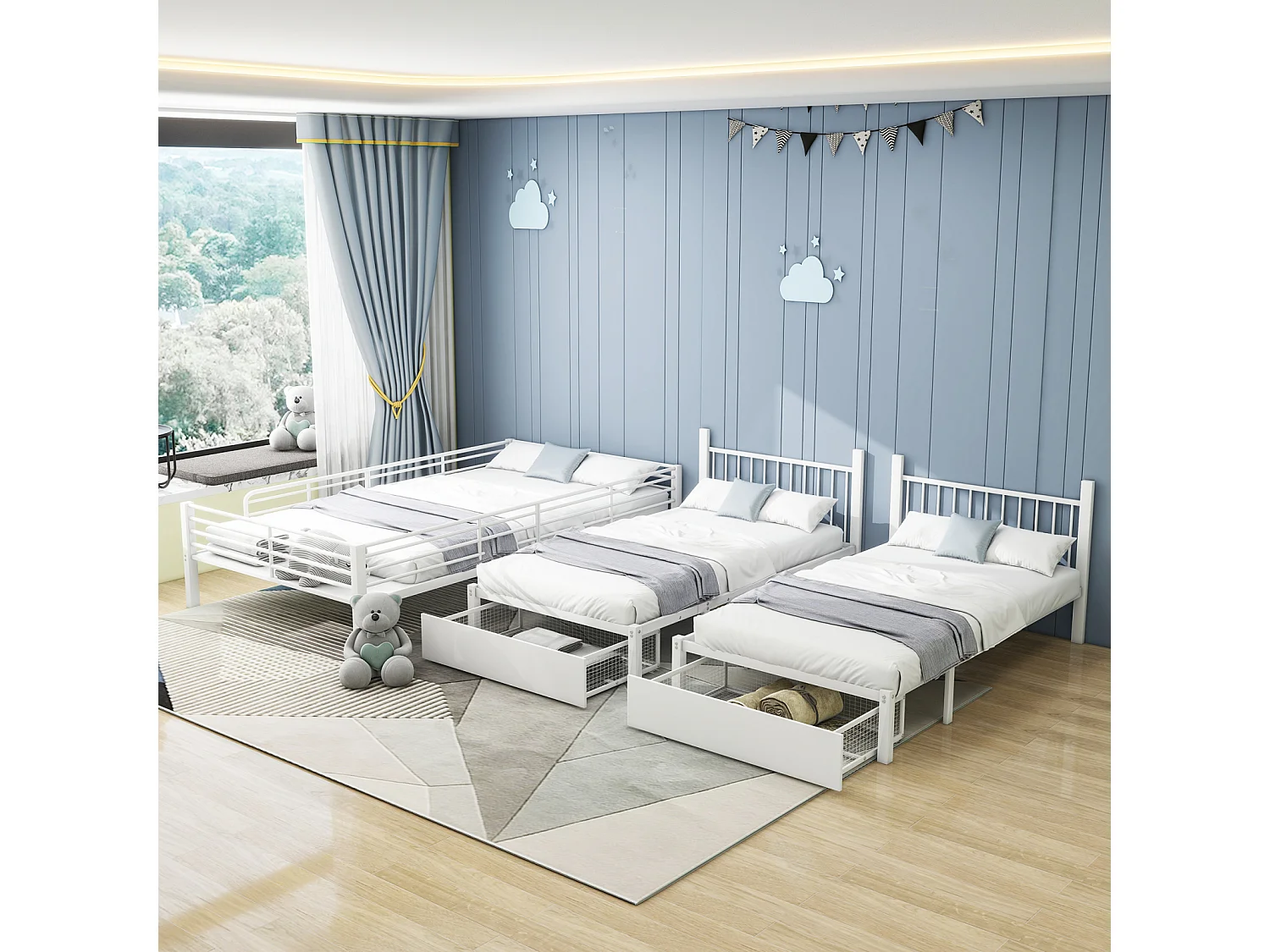 Letto a castello triplo con cassetti, struttura in metallo, trasformabile in un letto matrimoniale 140x200 cm e due letti singoli 90x200 cm, bianco