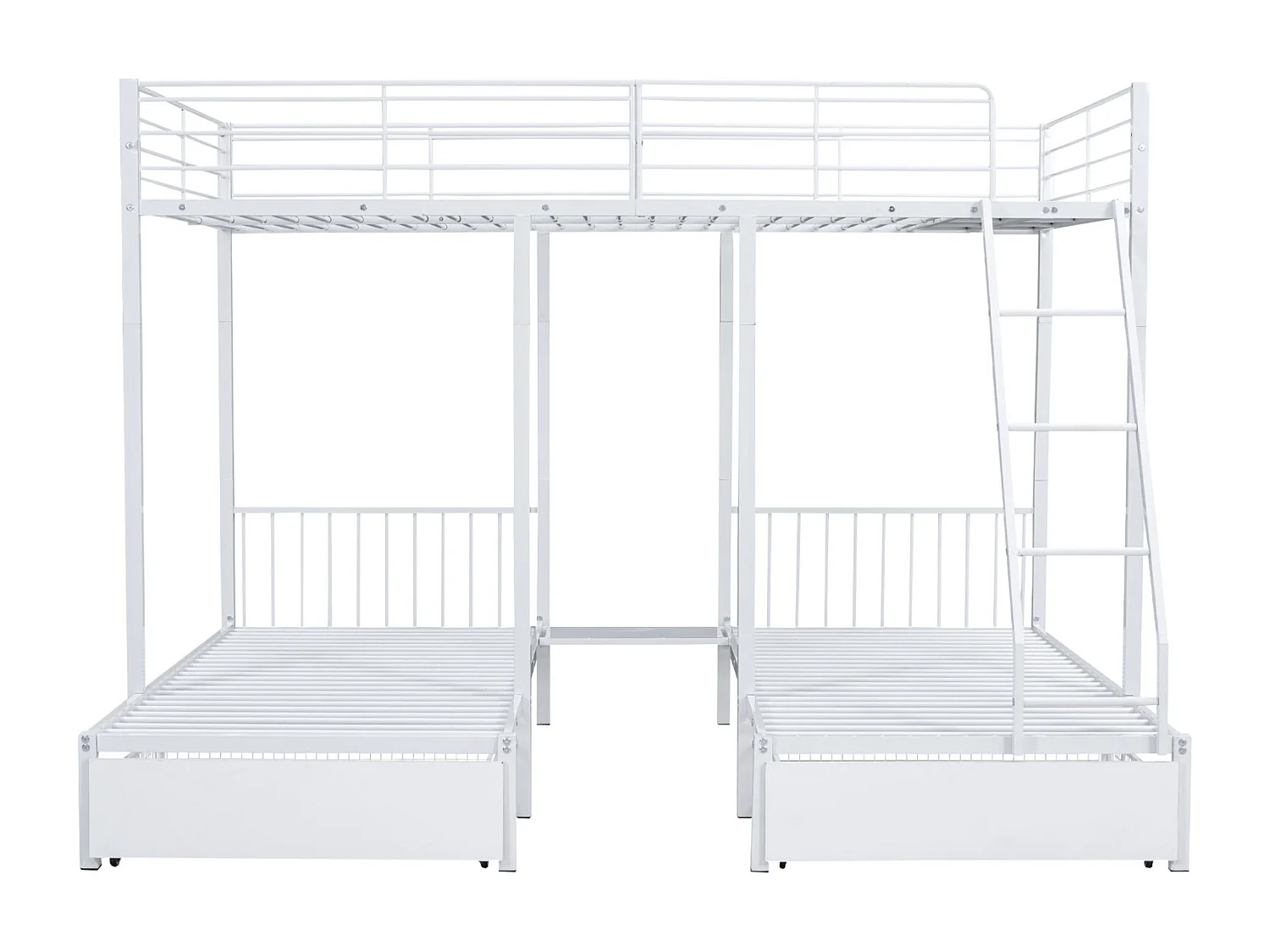 Letto a castello triplo con cassetti, struttura in metallo, trasformabile in un letto matrimoniale 140x200 cm e due letti singoli 90x200 cm, bianco