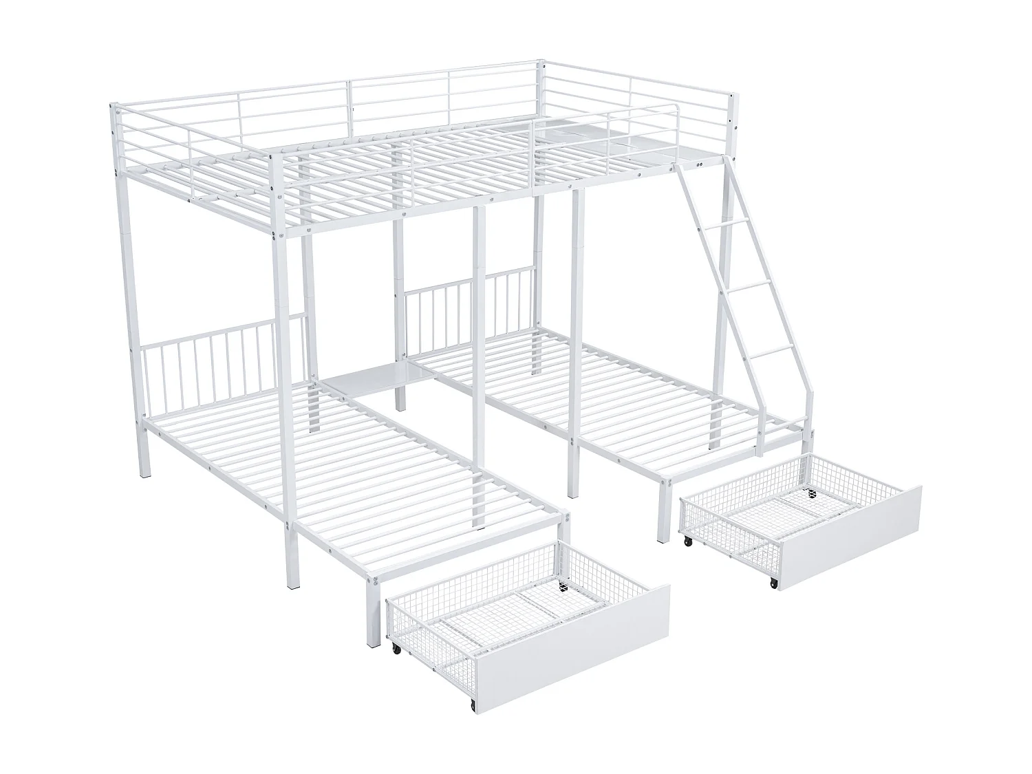 Letto a castello triplo con cassetti, struttura in metallo, trasformabile in un letto matrimoniale 140x200 cm e due letti singoli 90x200 cm, bianco