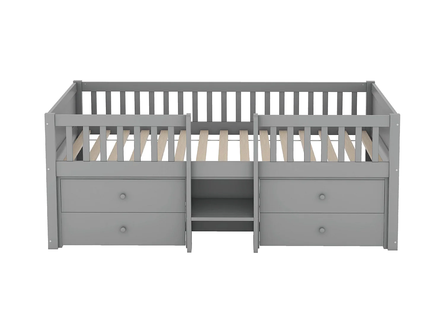Lit mi-haut 90x200 cm, 4 tiroirs, barrière de sécurité, échelle, pin, sans matelas, style minimaliste, gris