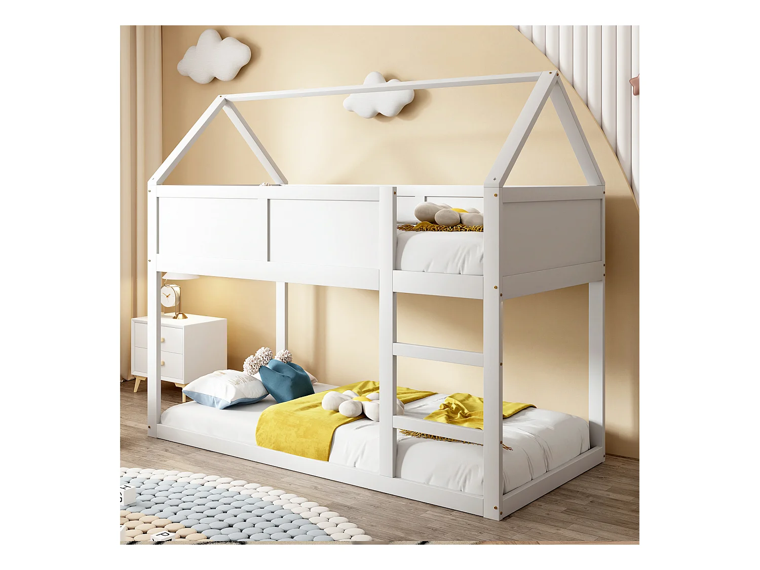 Lit superposé bas 90x200 cm pour enfants, avec échelle stable, cadre en bois massif, design épuré, idéal pour petites chambres, coloris blanc