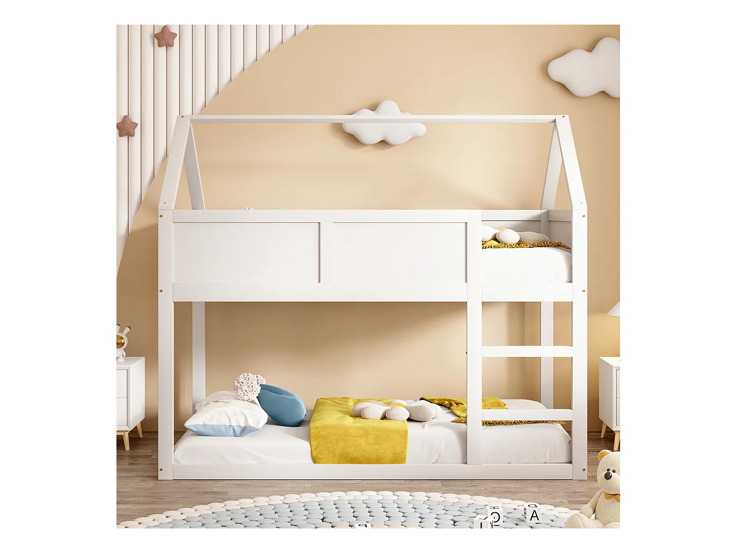 Lit superposé bas 90x200 cm pour enfants, avec échelle stable, cadre en bois massif, design épuré, idéal pour petites chambres, coloris blanc