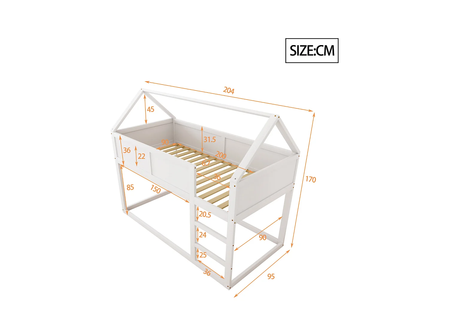 Lit superposé bas 90x200 cm pour enfants, avec échelle stable, cadre en bois massif, design épuré, idéal pour petites chambres, coloris blanc