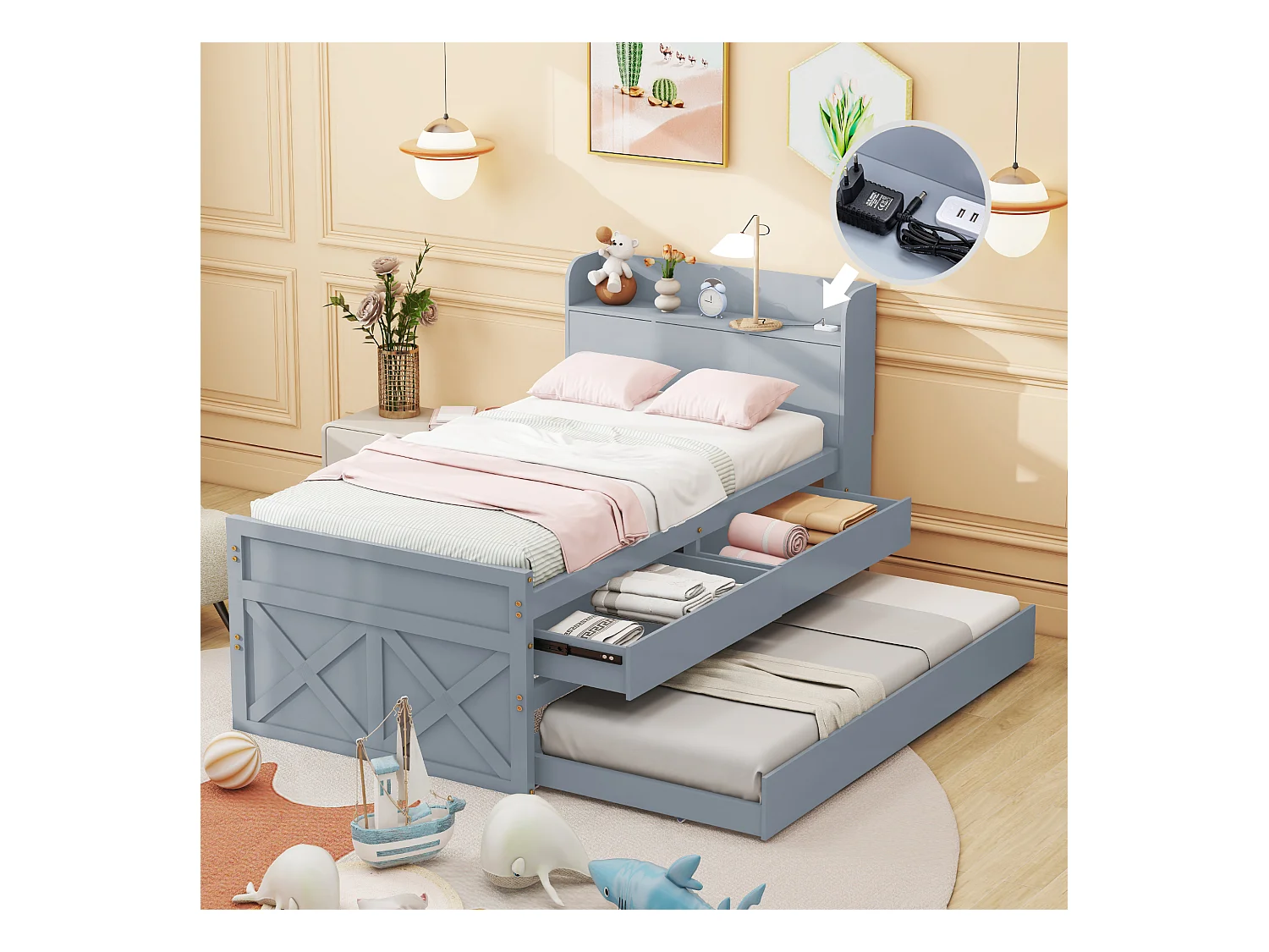 Lit simple bois massif pin 90x190 cm, tiroir extensible, sommier à lattes, table de nuit avec prise USB, gris.