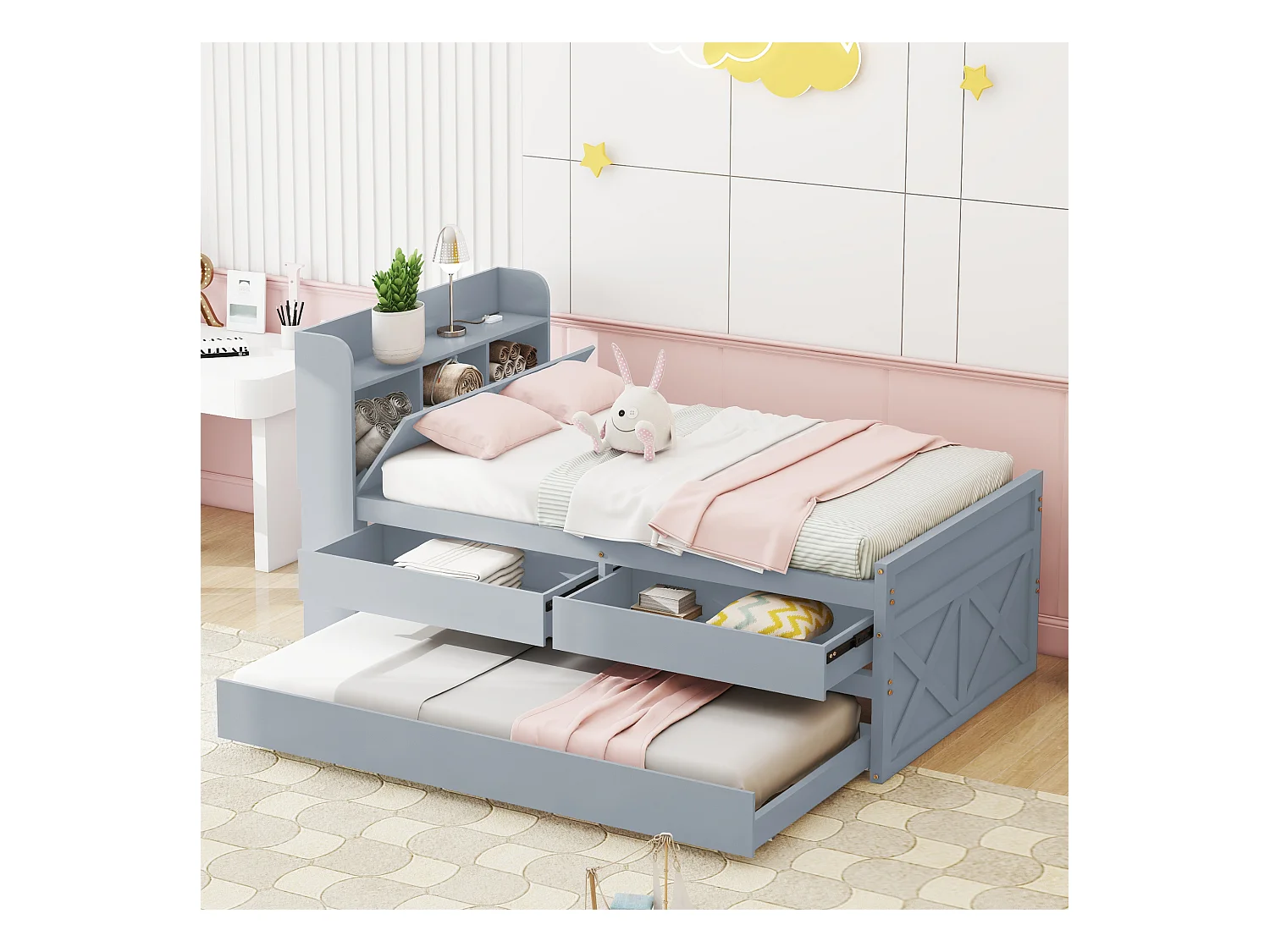 Lit simple bois massif pin 90x190 cm, tiroir extensible, sommier à lattes, table de nuit avec prise USB, gris.