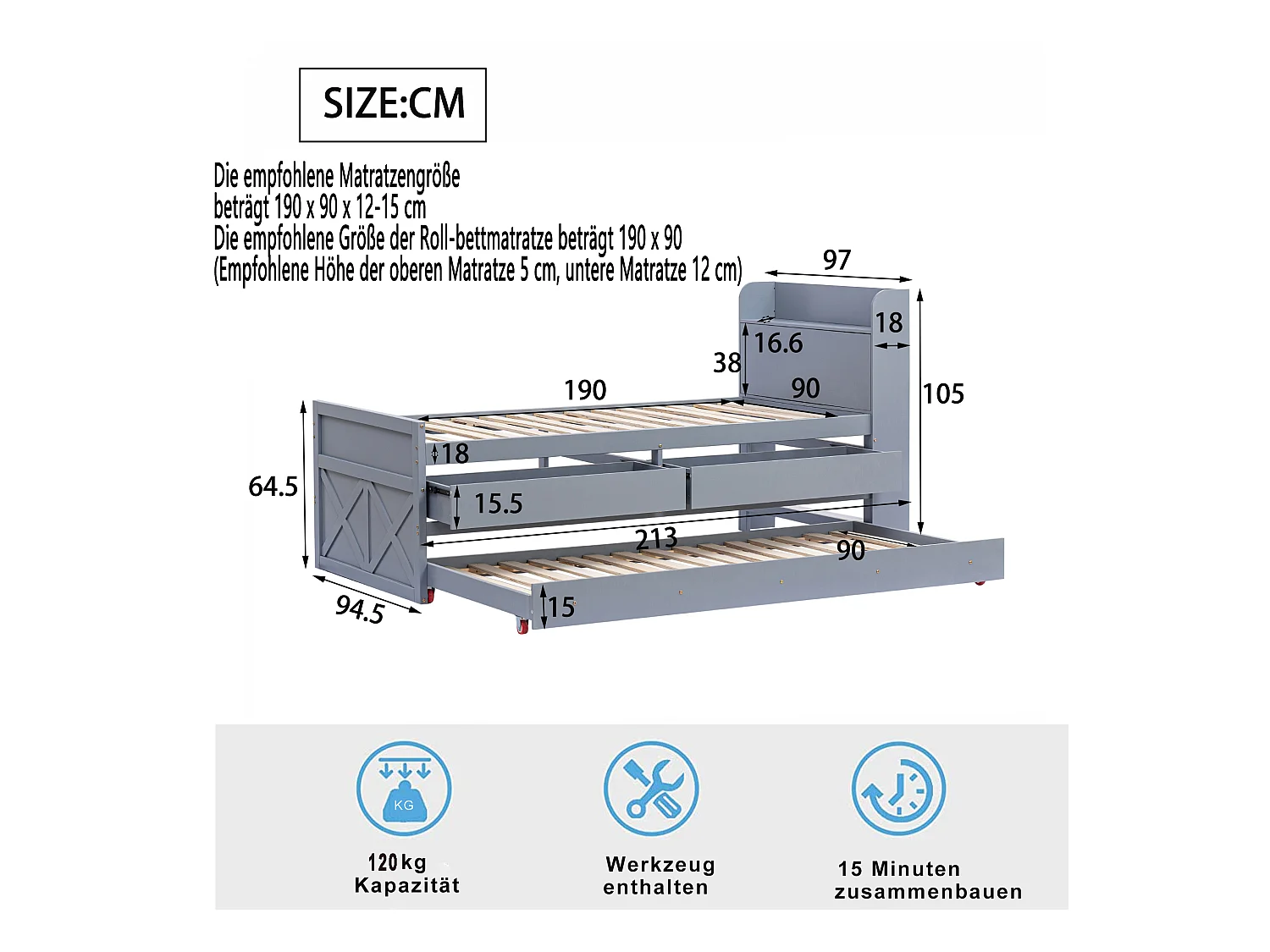 Lit simple bois massif pin 90x190 cm, tiroir extensible, sommier à lattes, table de nuit avec prise USB, gris.