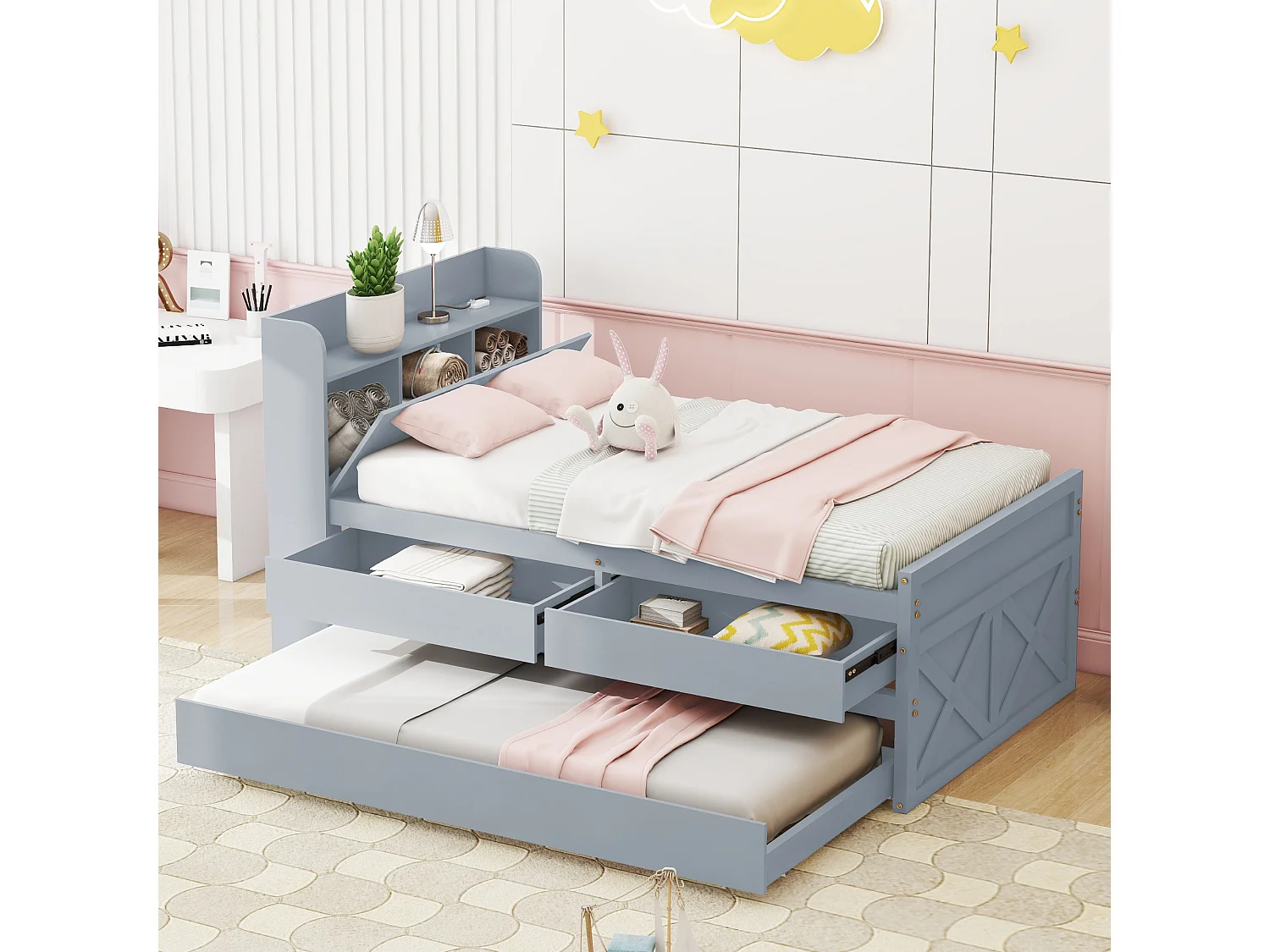 Cama de solteiro em madeira de pinho maciço 90x190 cm, gaveta extensível, estrado de ripas, mesa de cabeceira com porta USB, cinza.