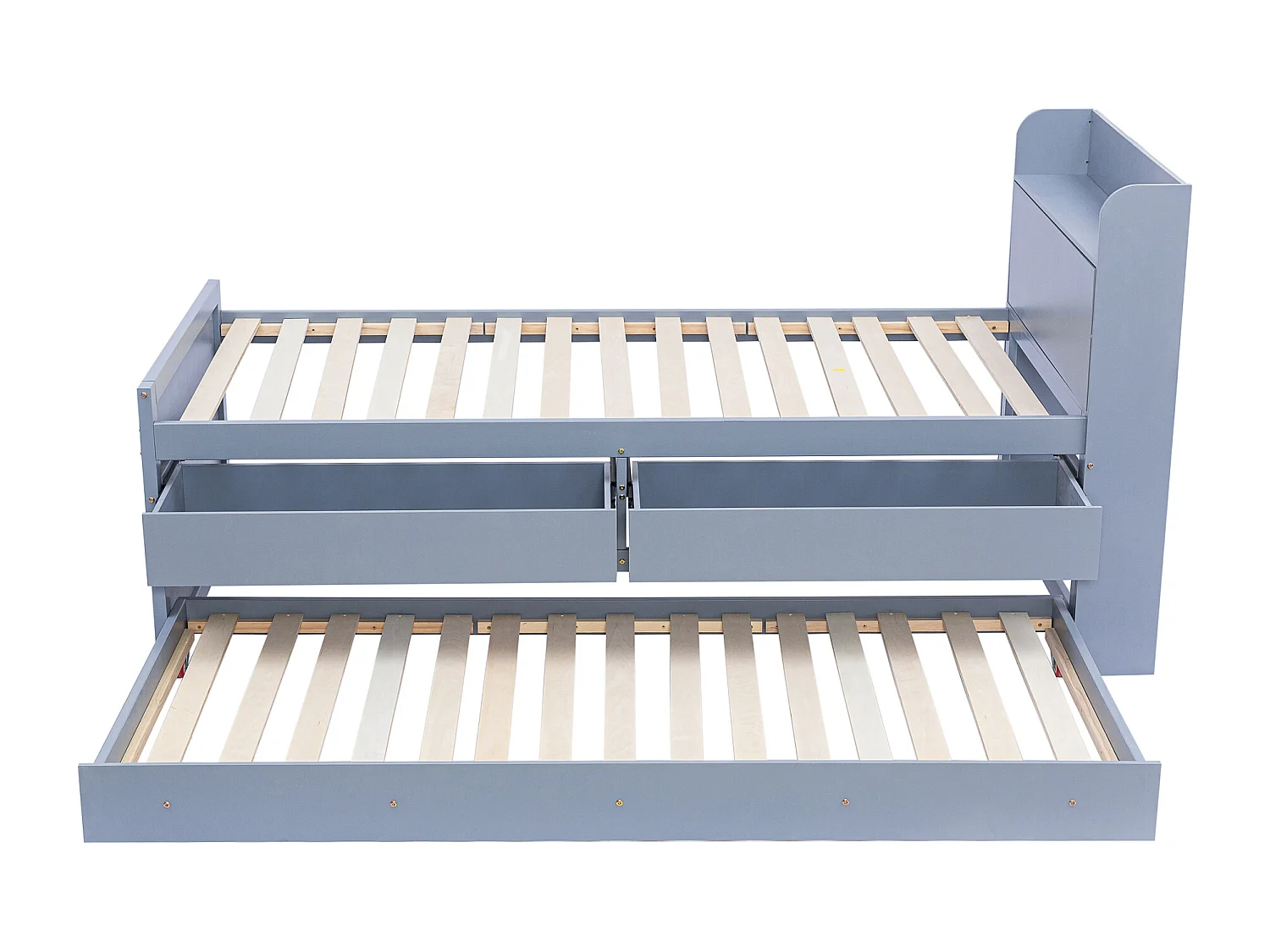 Cama de solteiro em madeira de pinho maciço 90x190 cm, gaveta extensível, estrado de ripas, mesa de cabeceira com porta USB, cinza.