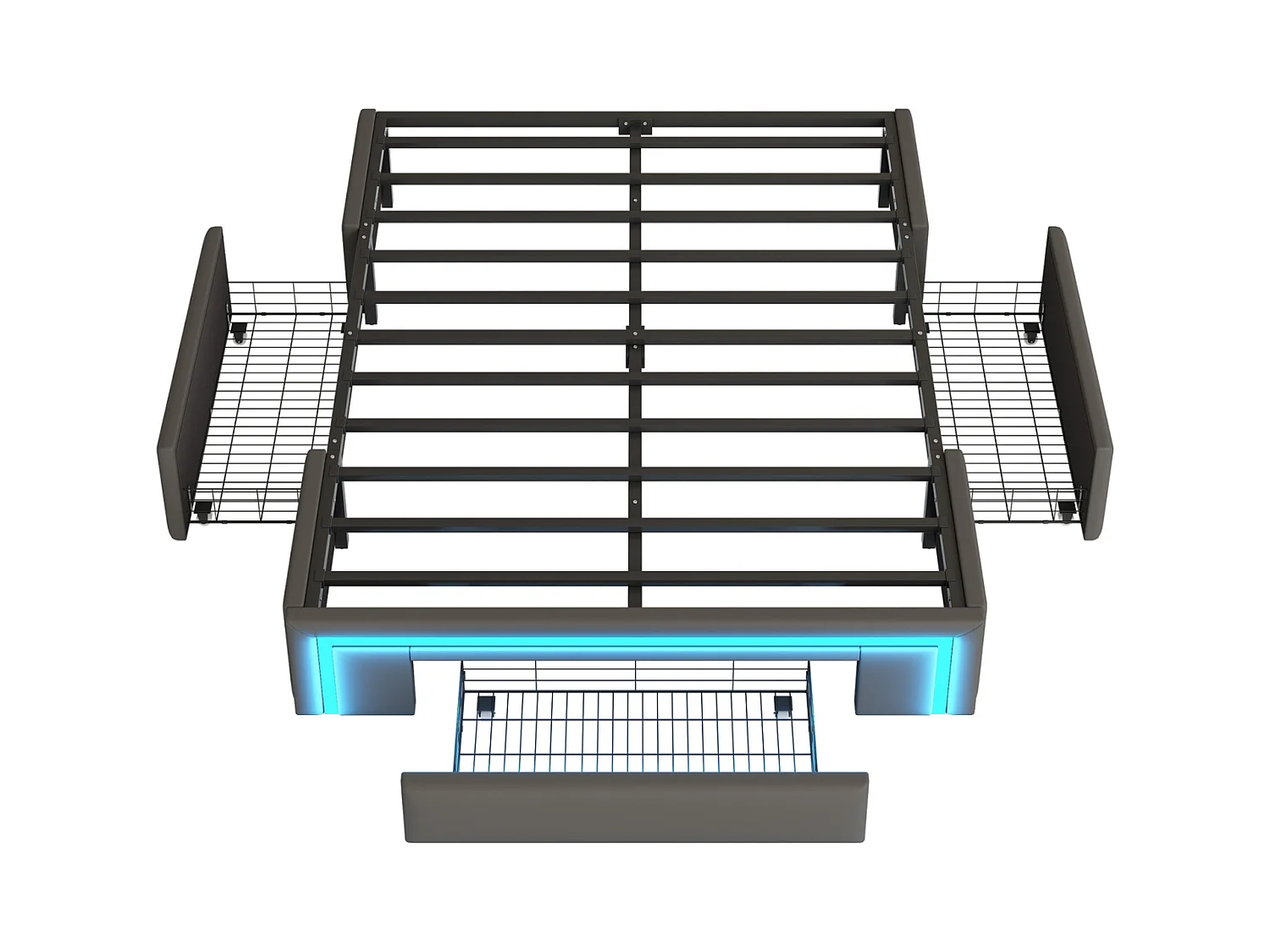 Bettrahmen 140x200 cm grau, ohne Kopfteil, PU-Leder, integrierte LED, Metall-Plattformbasis, moderner Stil, inklusive Schubladen