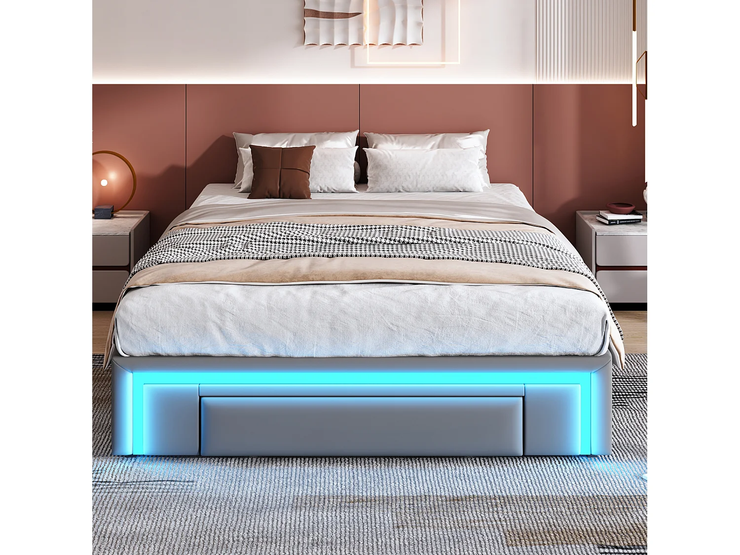 Bedframe 140x200 cm grijs, zonder hoofdbord, PU-leer, geïntegreerde LED, metalen platformbasis, moderne stijl, inclusief opberglades