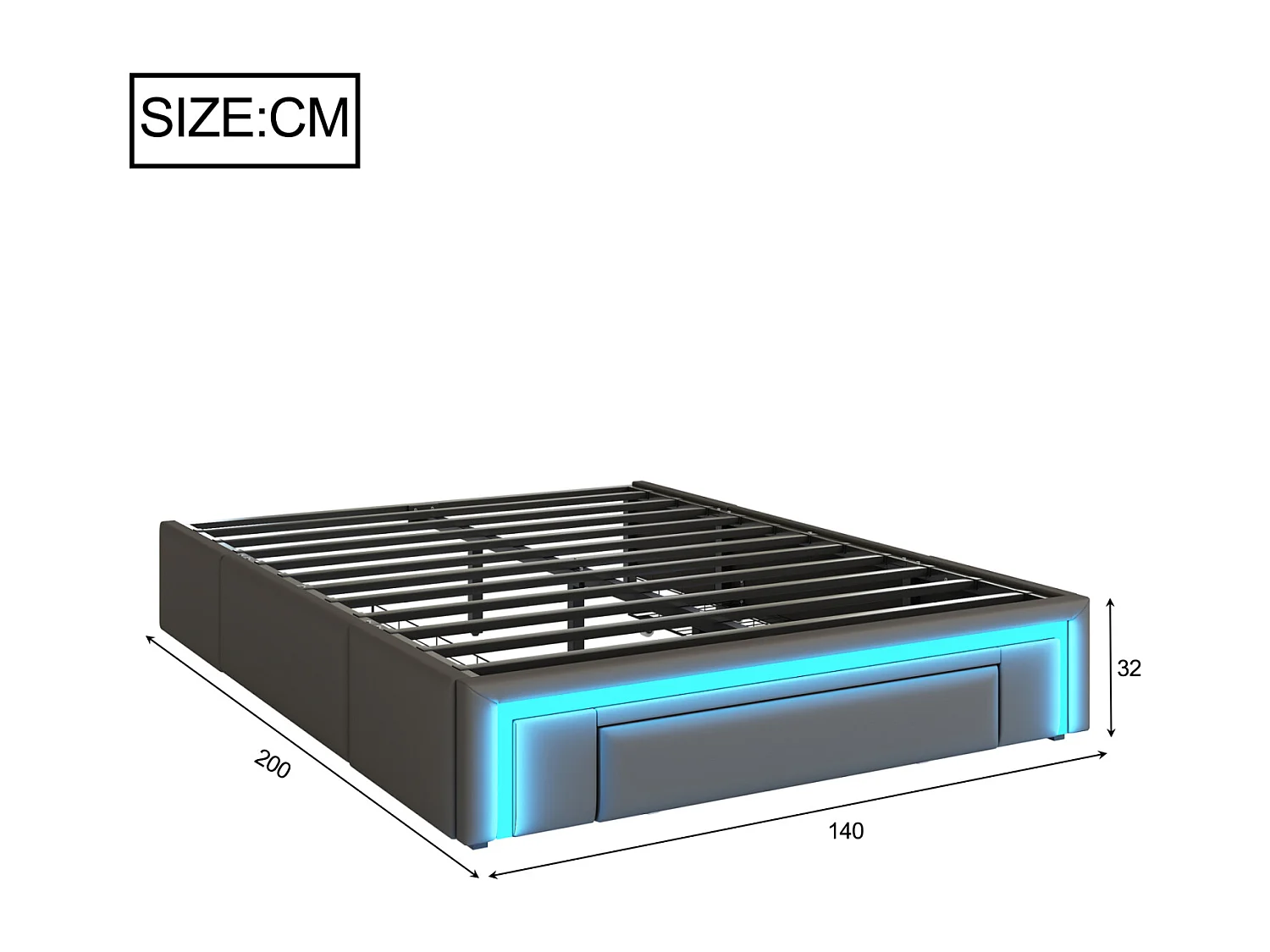 Bedframe 140x200 cm grijs, zonder hoofdbord, PU-leer, geïntegreerde LED, metalen platformbasis, moderne stijl, inclusief opberglades