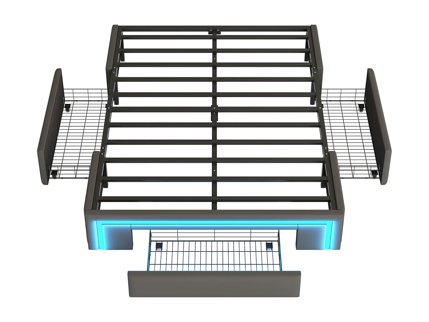 Bedframe 140x200 cm grijs, zonder hoofdbord, PU-leer, geïntegreerde LED, metalen platformbasis, moderne stijl, inclusief opberglades