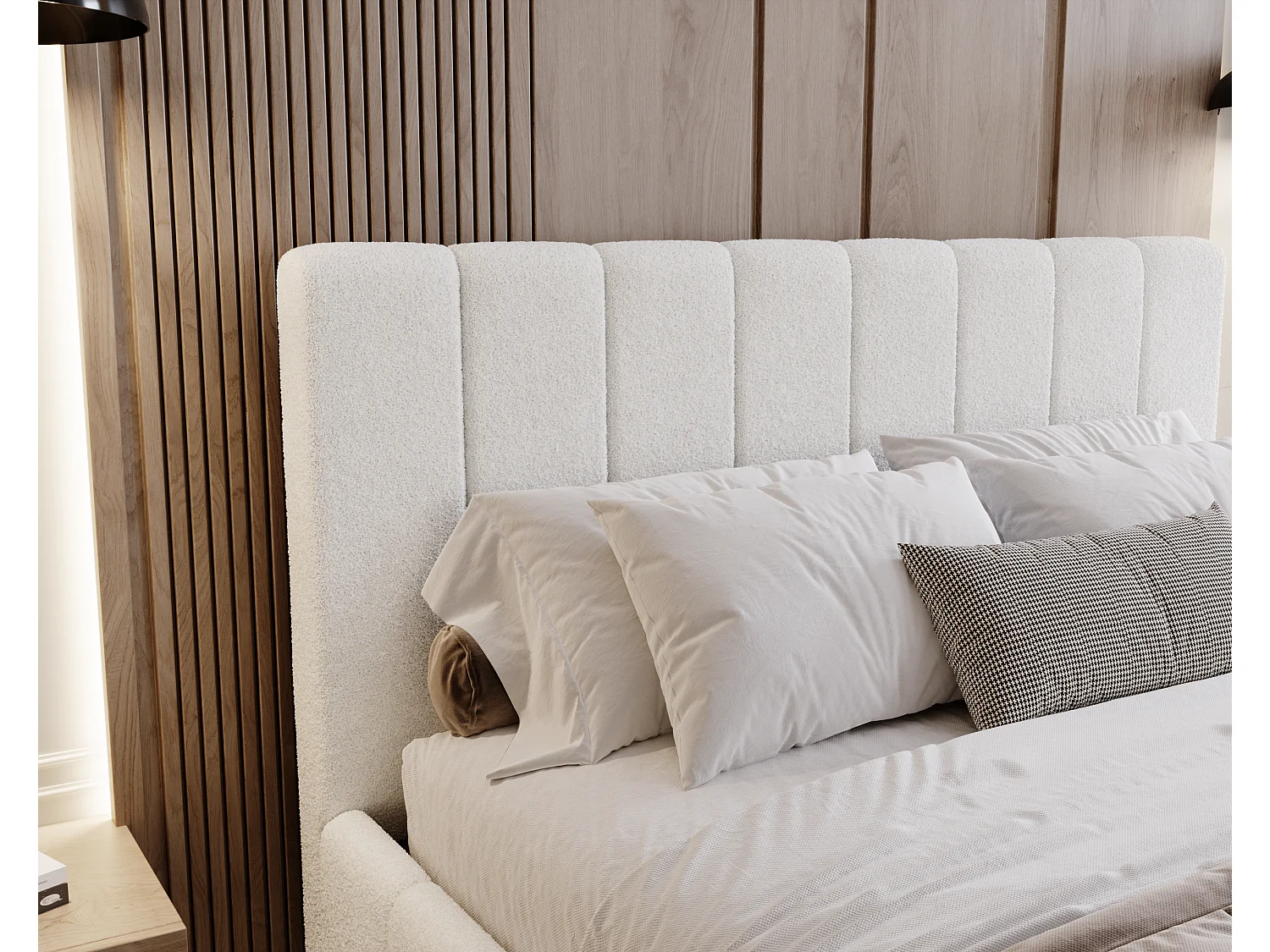 BESILIO Sypialnia łóżko slim 140x200 Lexy - stelaż metalowy, pojemnik na pościel, slim łóżko, tkanina boucle - Biały