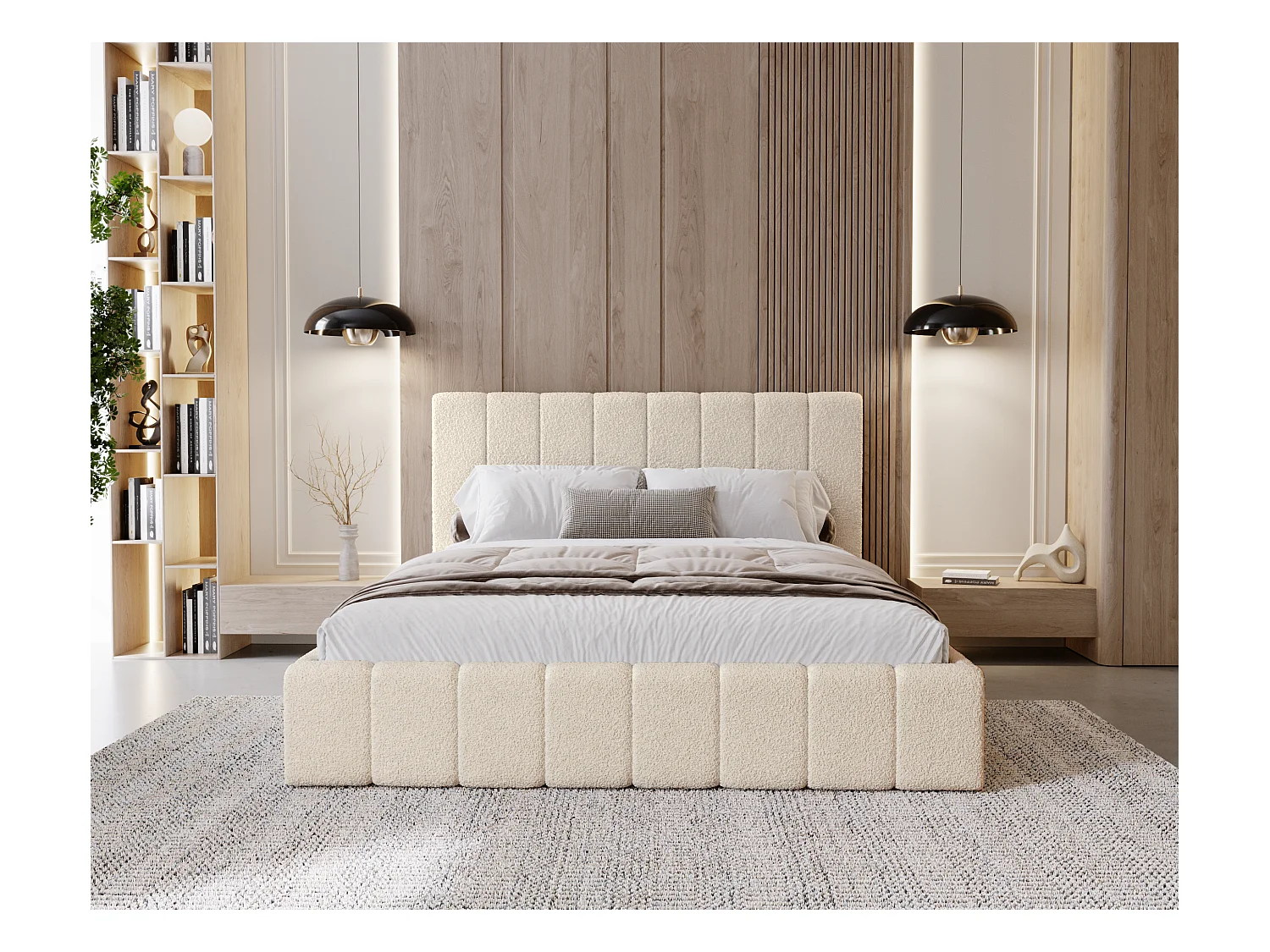 BESILIO Lit de chambre Slim 160x200 Lexy – cadre en métal, coffre de rangement pour le linge de lit, lit fin, tissu bouclé – Crème