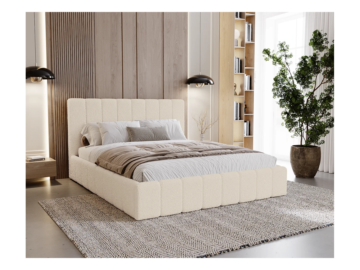 BESILIO Łóżko tapicerowane Boucle 160x200 Lexy - stelaż listwowy, wezgłowie, pojemnik, łóżko slim - Kremowy