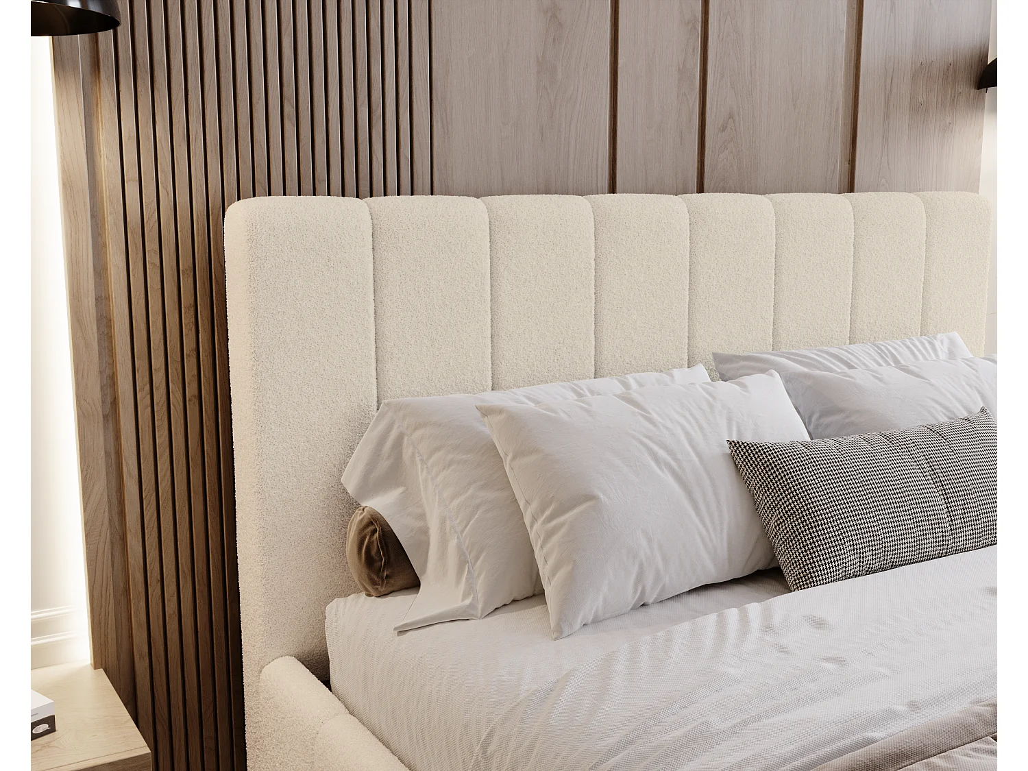 BESILIO Sypialnia łóżko slim 160x200 Lexy - stelaż metalowy, pojemnik na pościel, slim łóżko, tkanina boucle - Kremowy