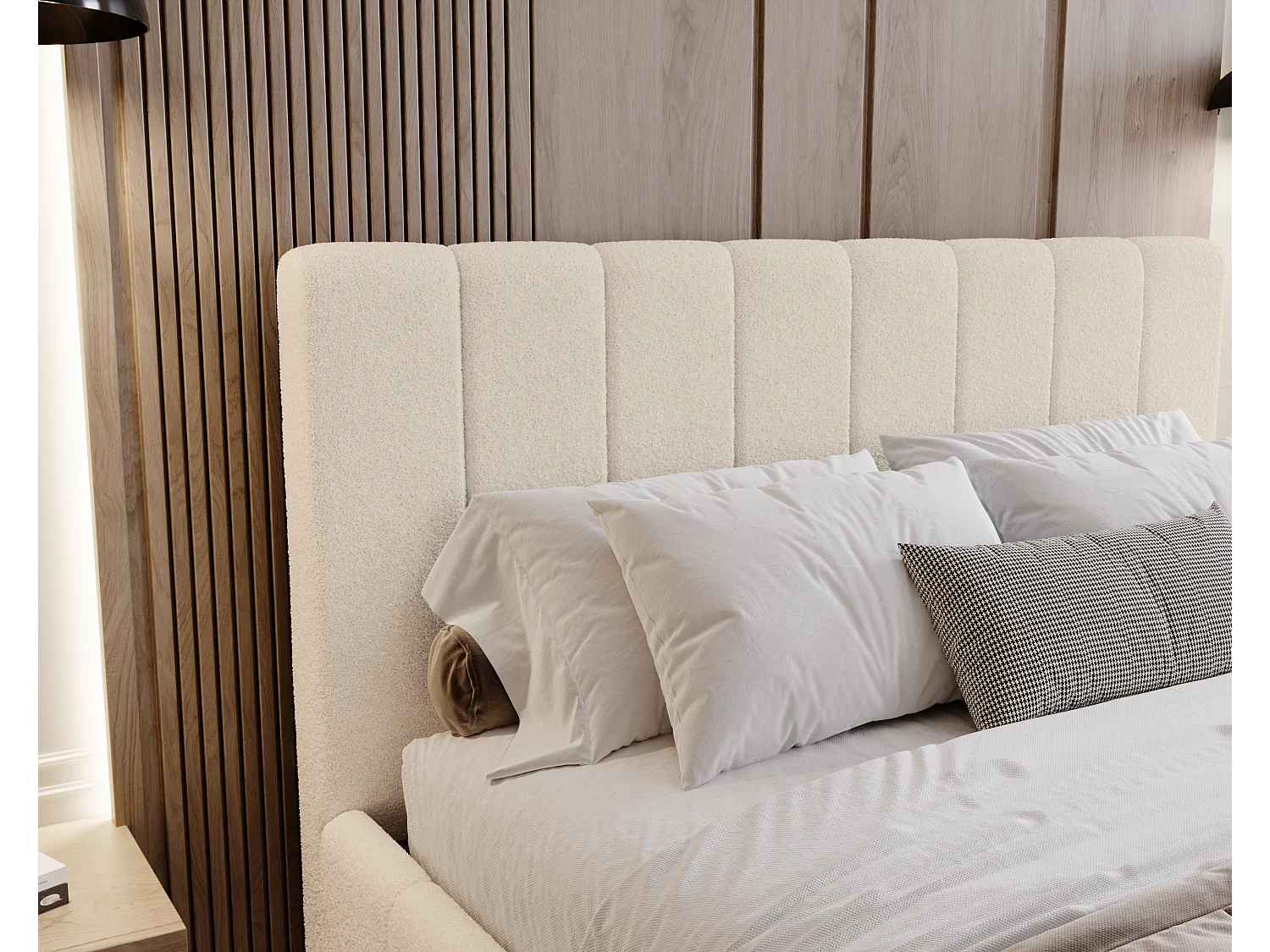 BESILIO Sypialnia łóżko slim 160x200 Lexy - stelaż metalowy, pojemnik na pościel, slim łóżko, tkanina boucle - Kremowy